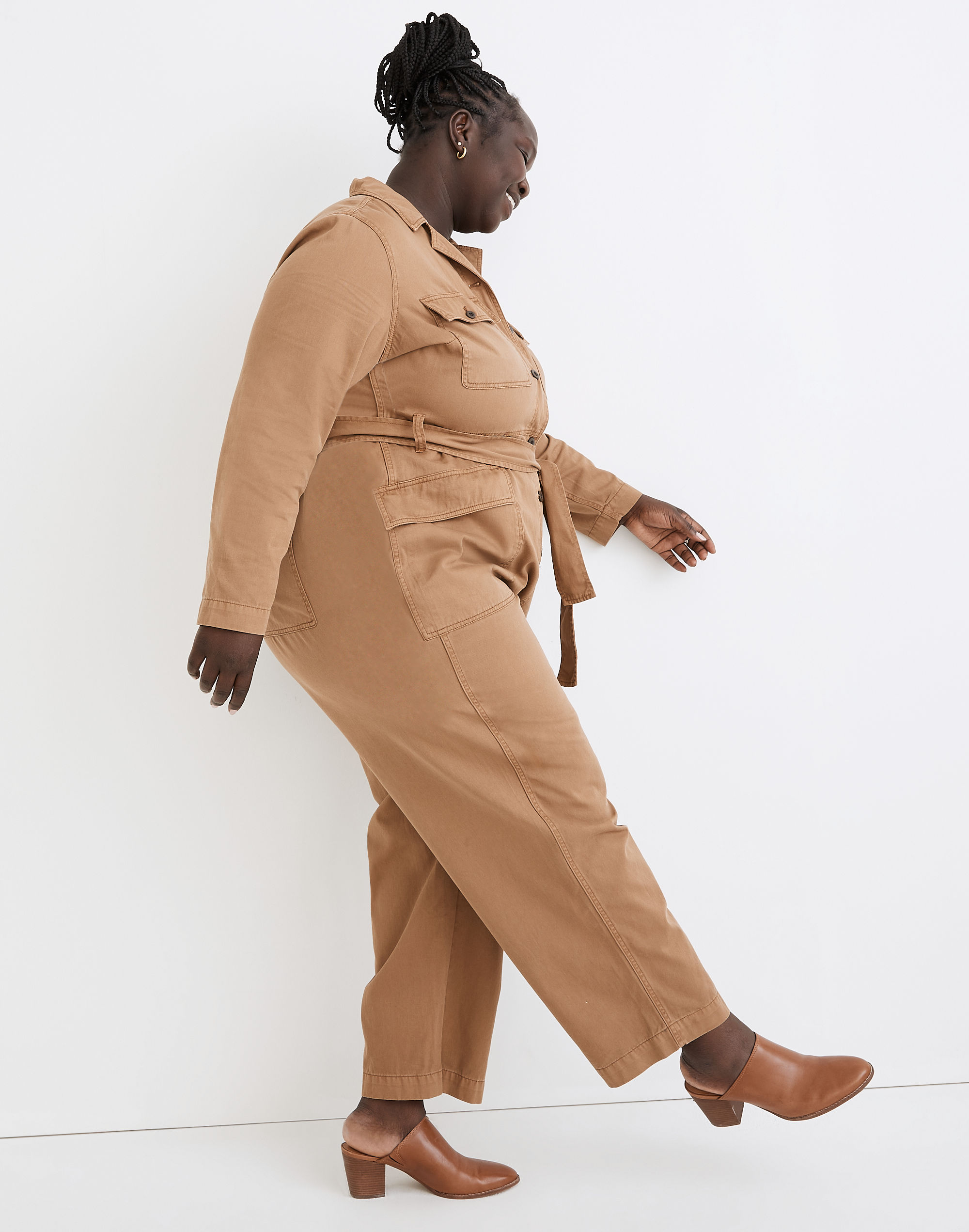 Plus Long-Sleeve Tie-Waist Fatigue Jumpsuit