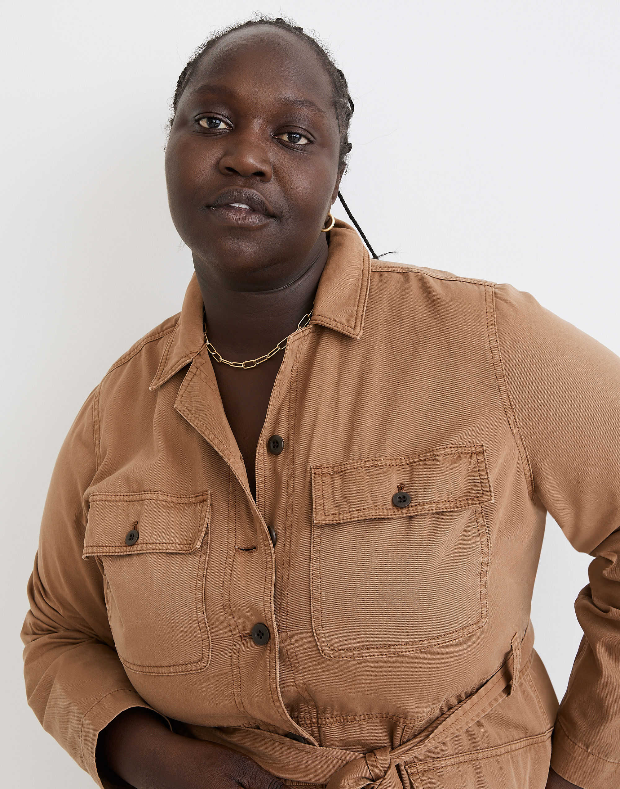 Plus Long-Sleeve Tie-Waist Fatigue Jumpsuit