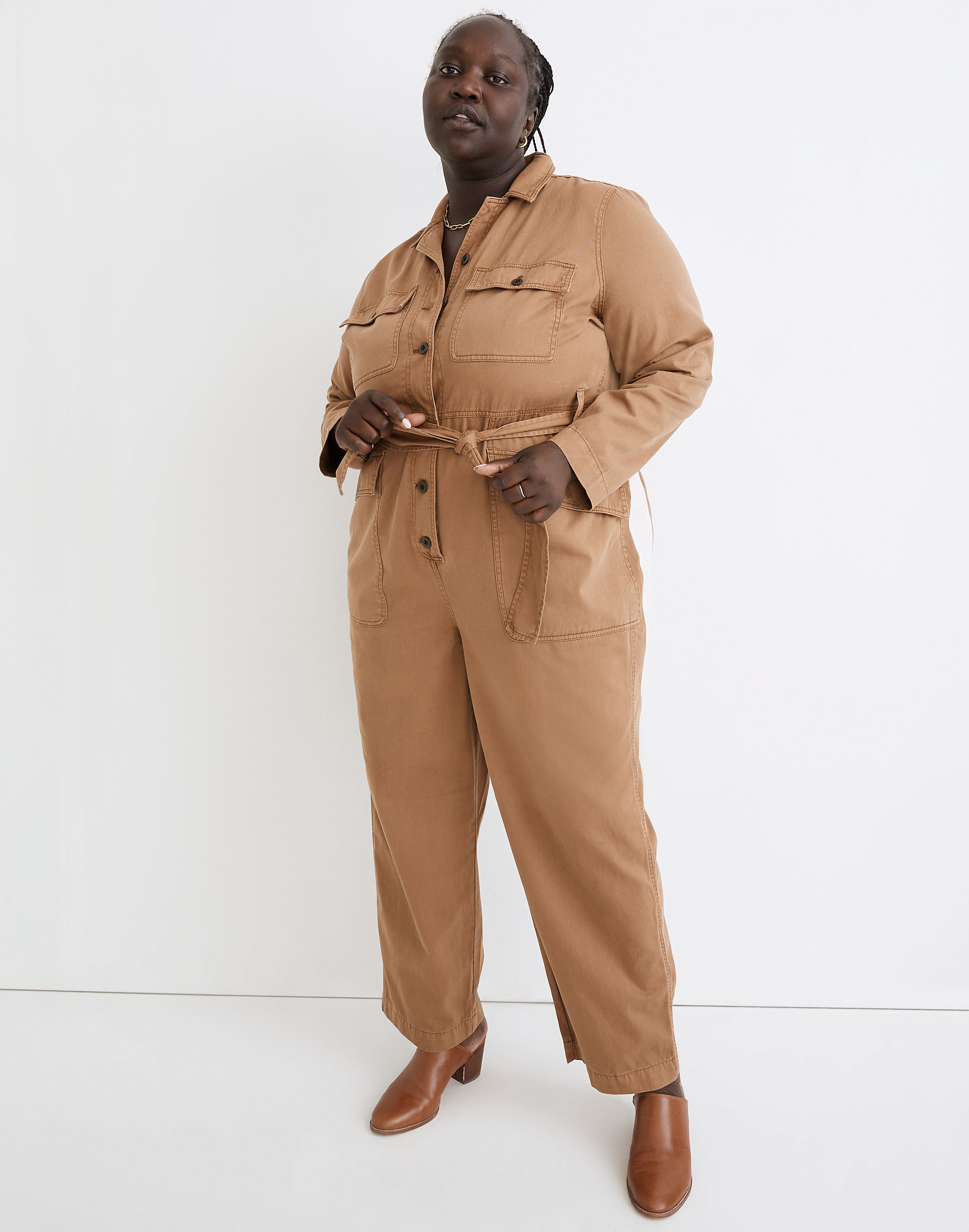 Plus Long-Sleeve Tie-Waist Fatigue Jumpsuit