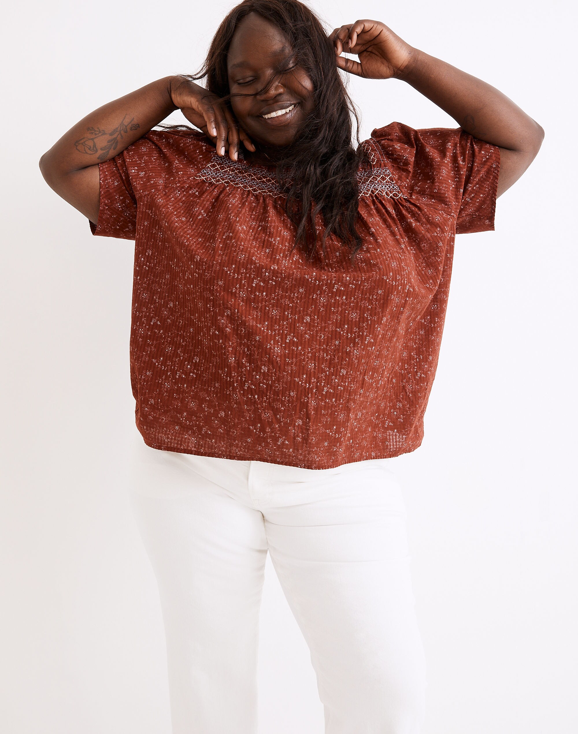Plus Square-Neck Smocked Top in Dotted Vines