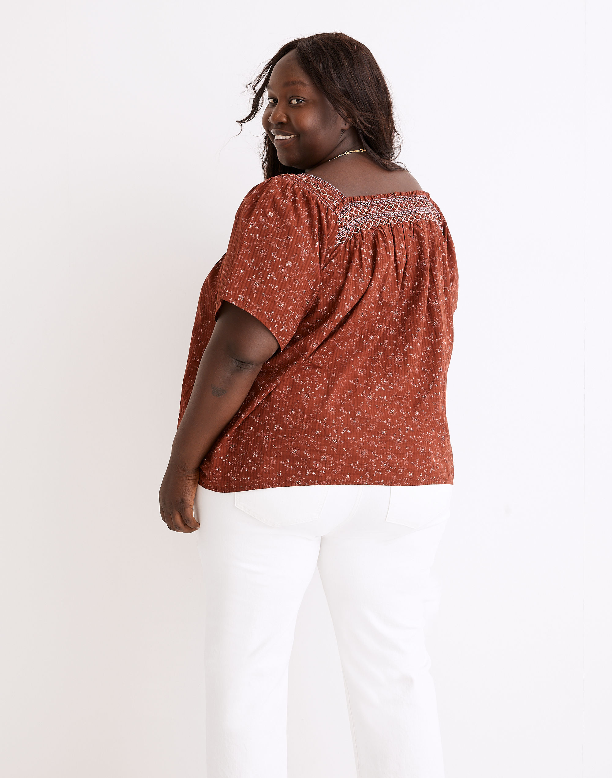 Plus Square-Neck Smocked Top in Dotted Vines