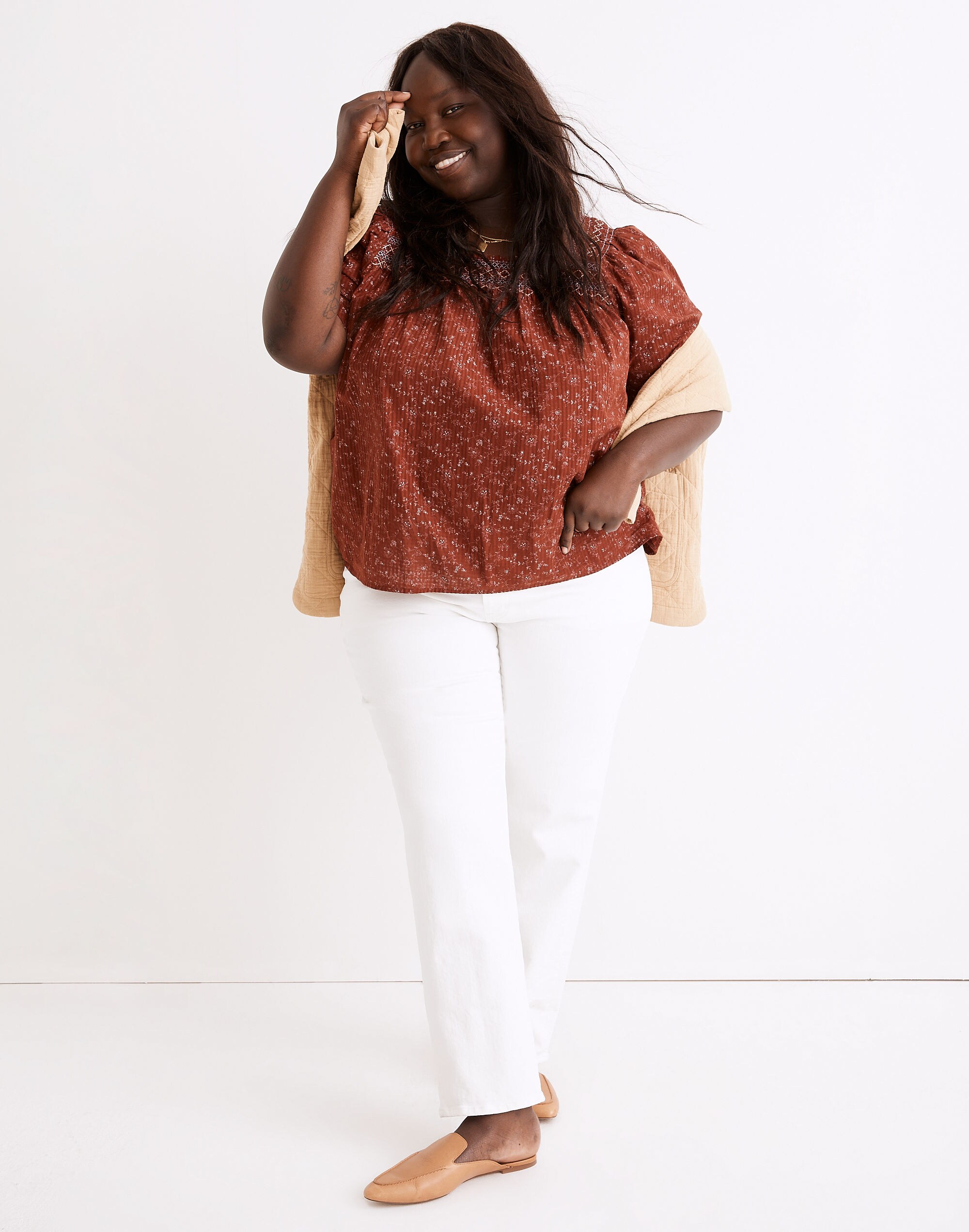 Plus Square-Neck Smocked Top in Dotted Vines