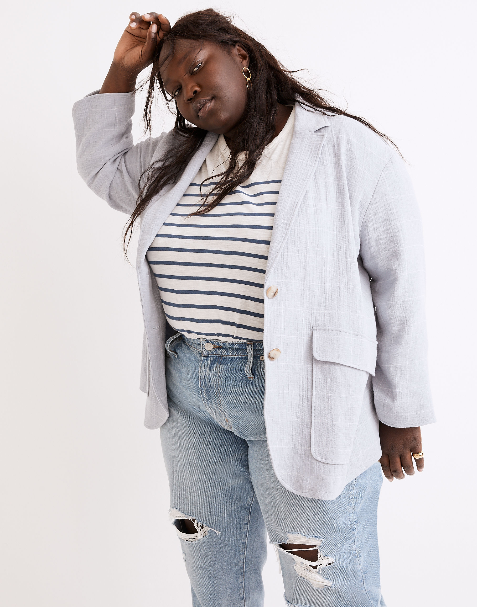 Plus Cotton-Linen Relaxed Larsen Blazer in Windowpane