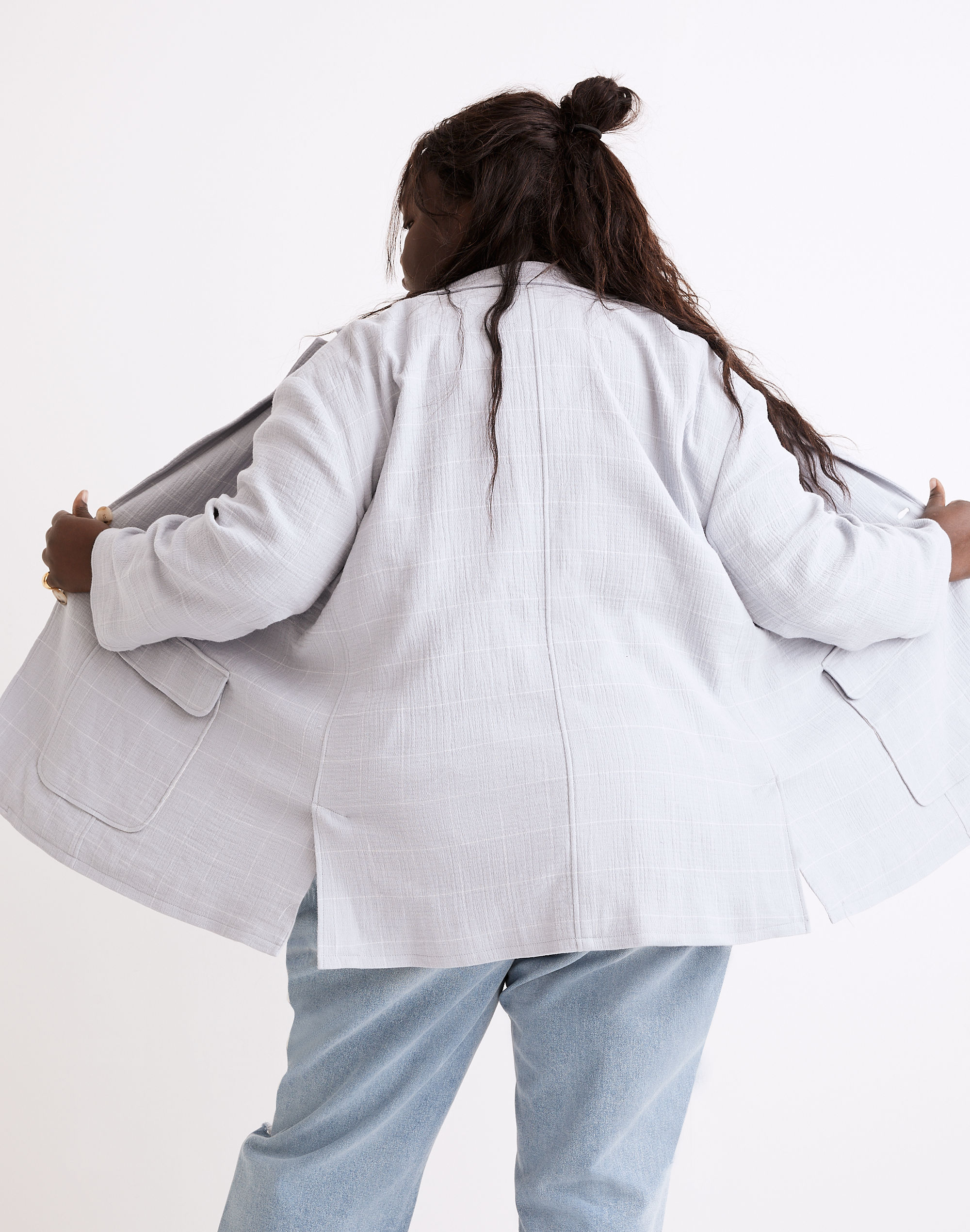 Plus Cotton-Linen Relaxed Larsen Blazer in Windowpane