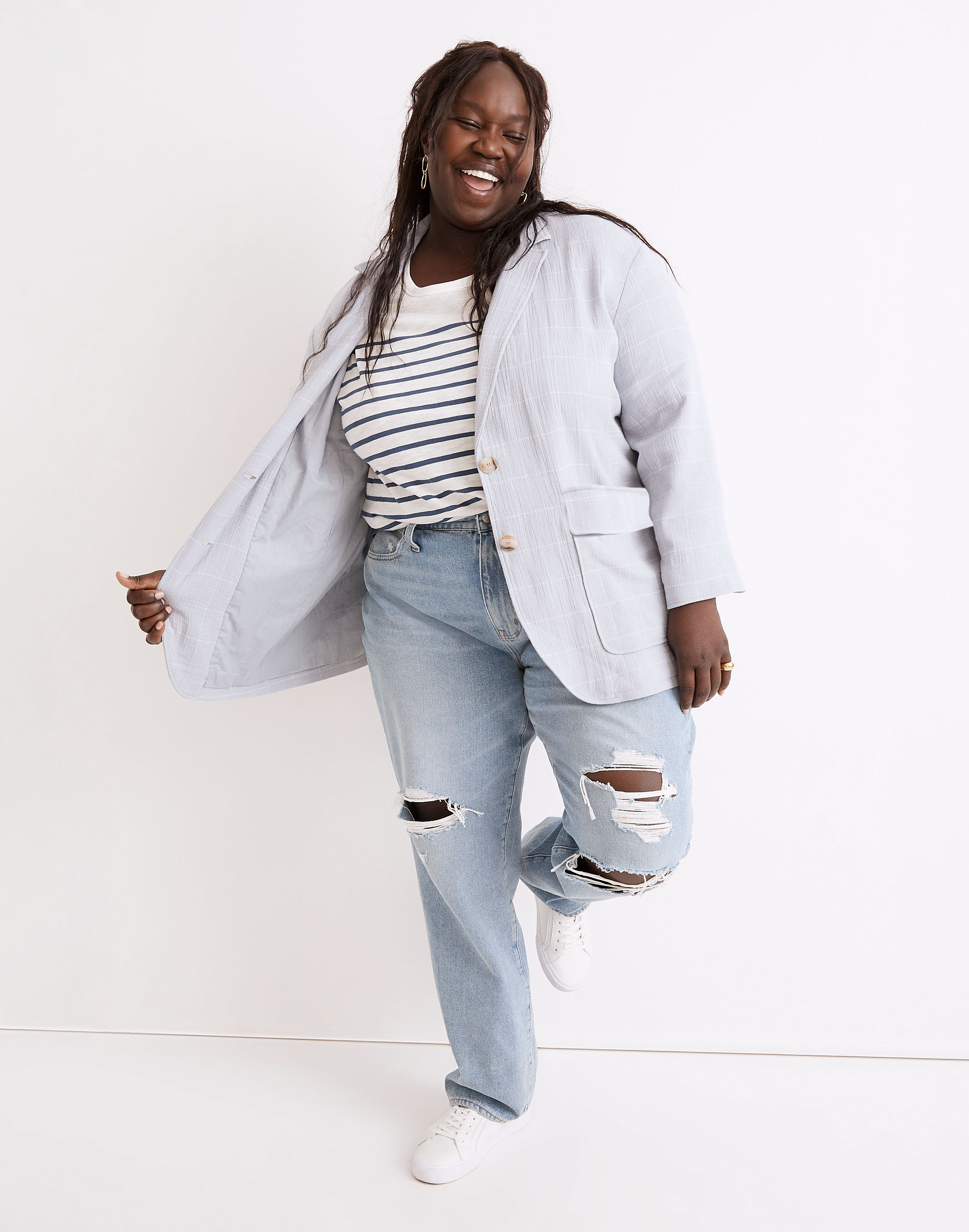 Plus Cotton-Linen Relaxed Larsen Blazer in Windowpane