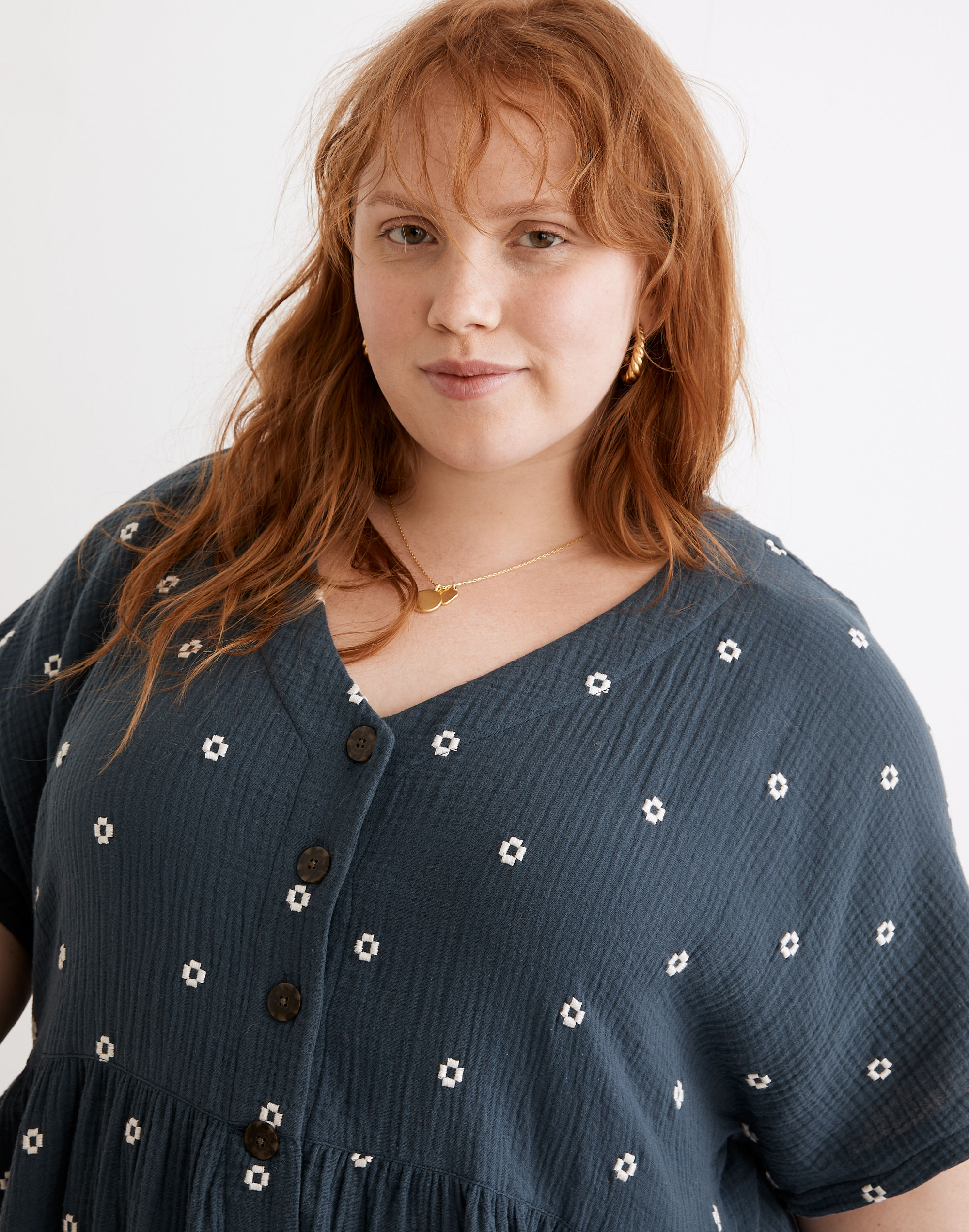 Plus Embroidered Lightspun Button-Front Mini Dress