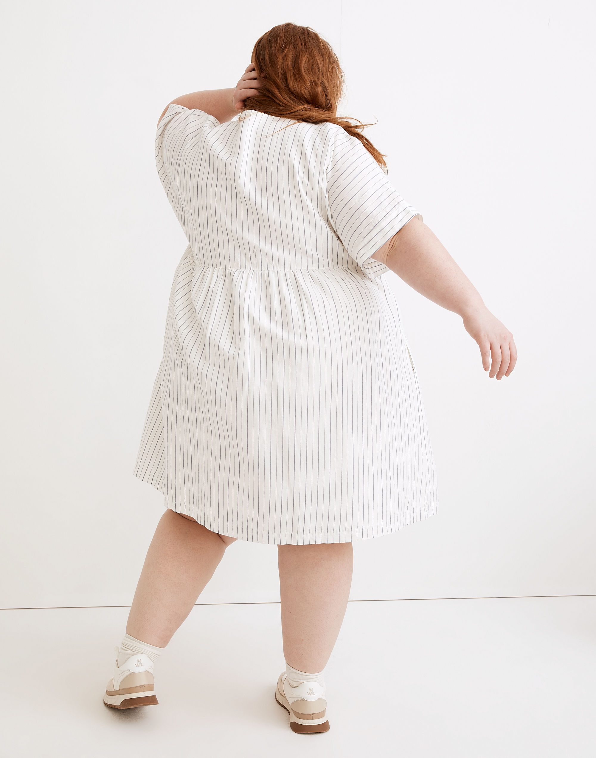 Plus Linen-Blend V-Neck Dolman-Sleeve Mini Dress in Stripe