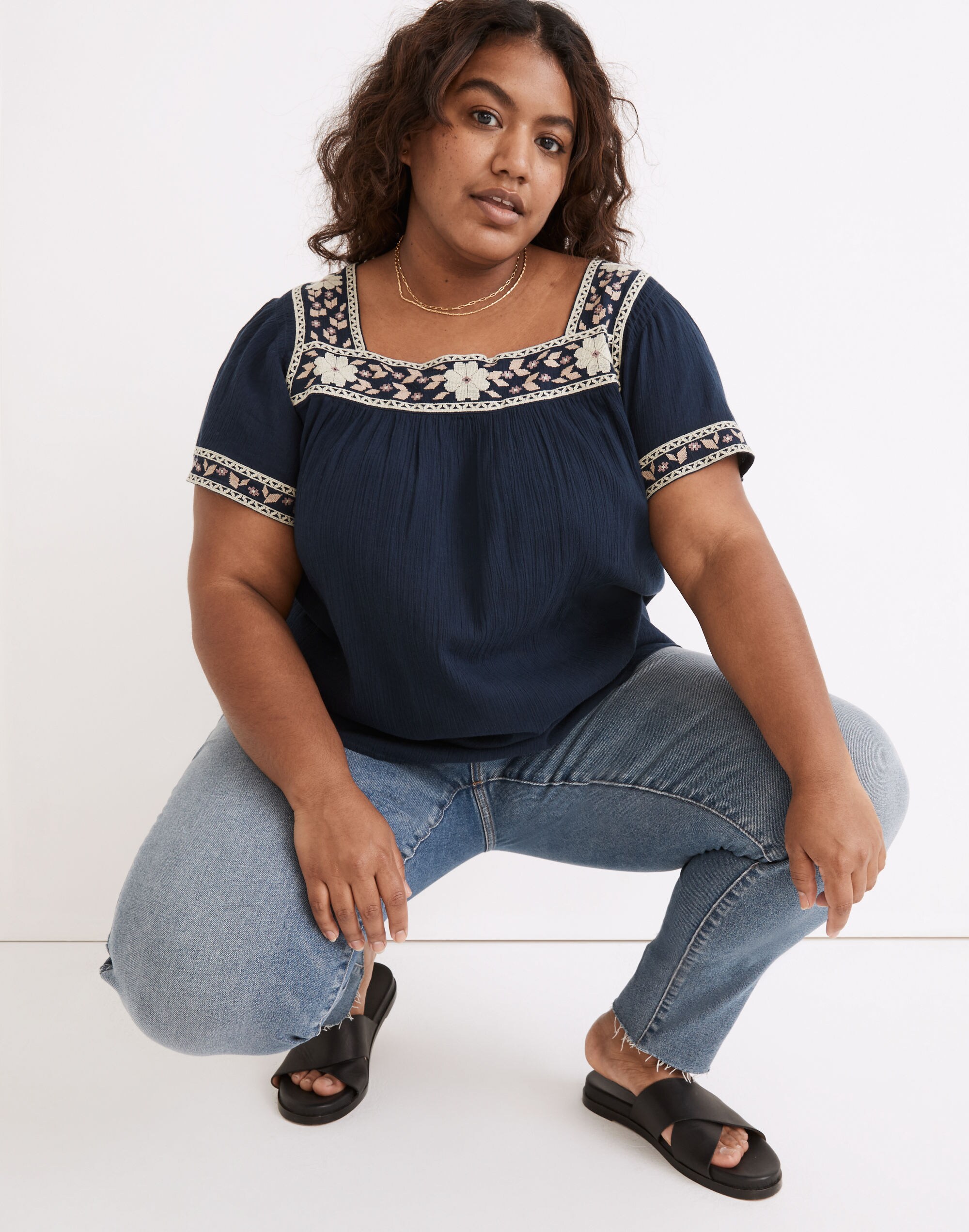 Plus Embroidered Square-Neck Top