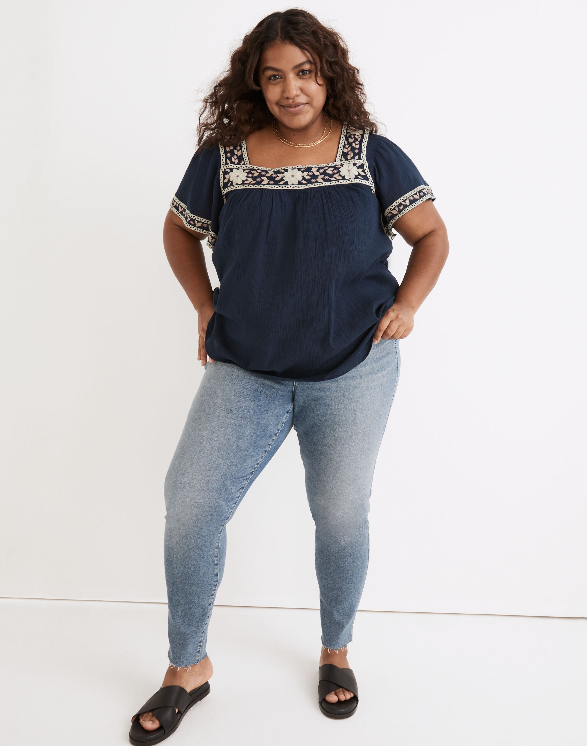 Plus Embroidered Square-Neck Top