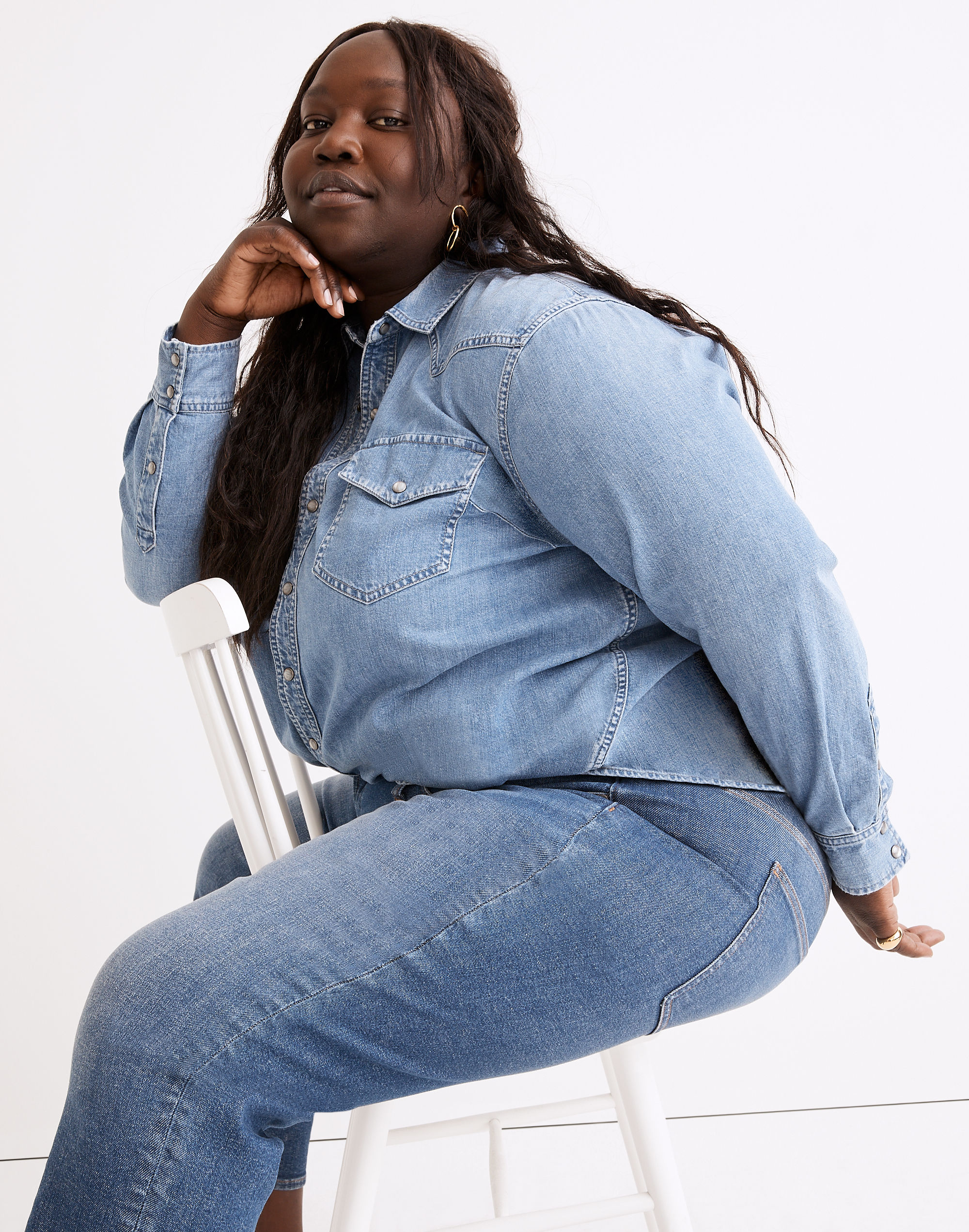 Plus Denim Snap-Button Western Shirt