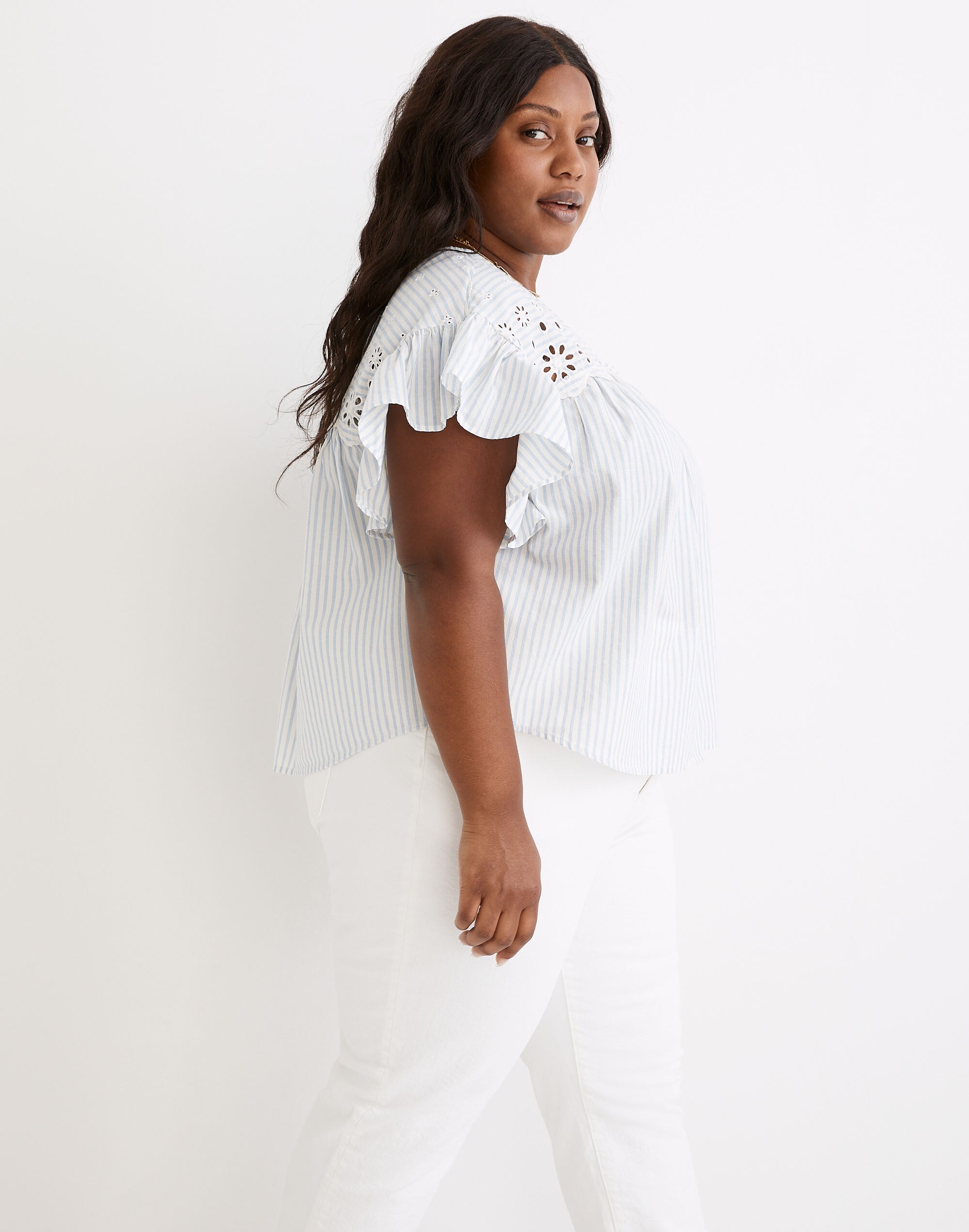 Plus Eyelet Button-Front Shirt in Stripe