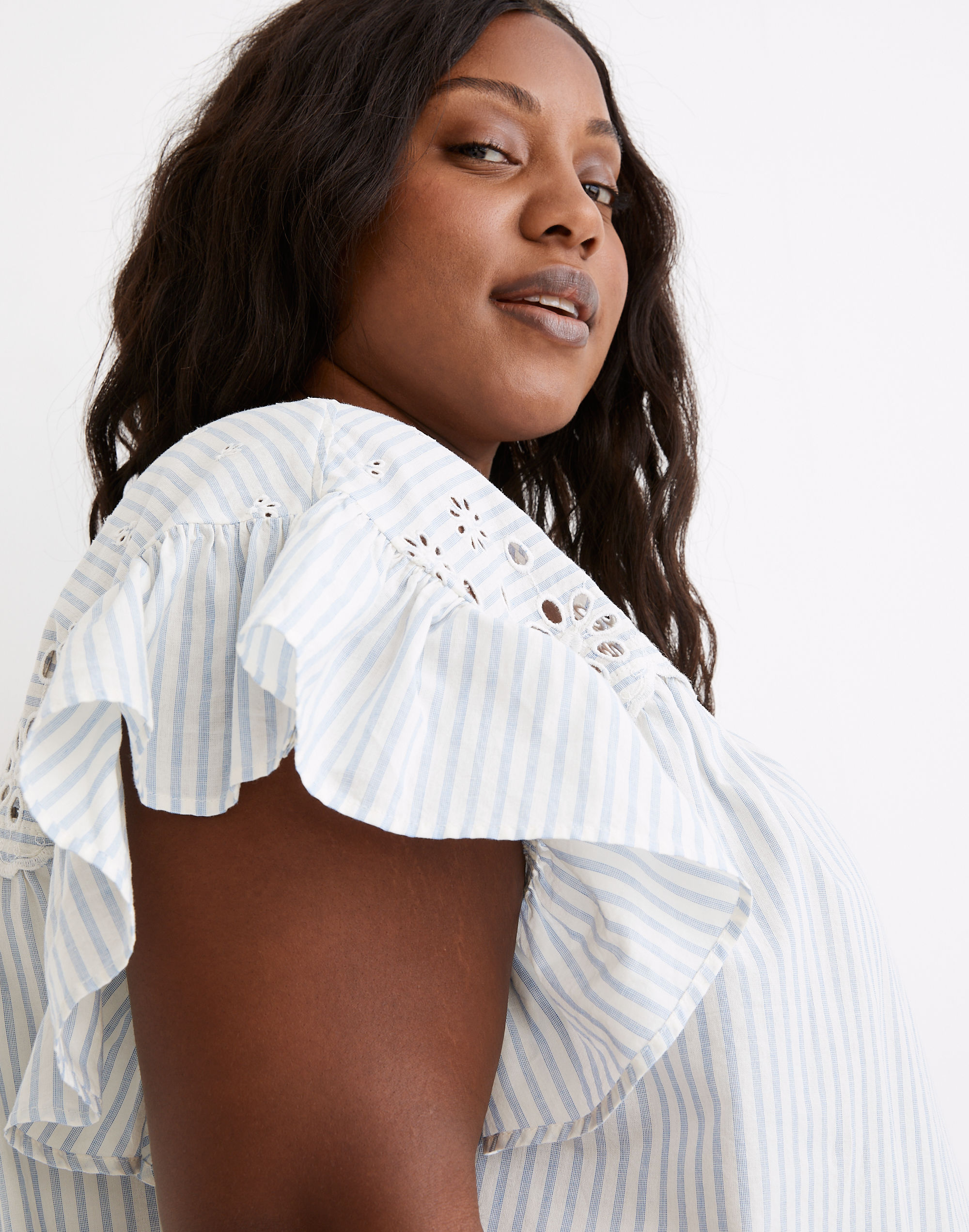 Plus Eyelet Button-Front Shirt in Stripe