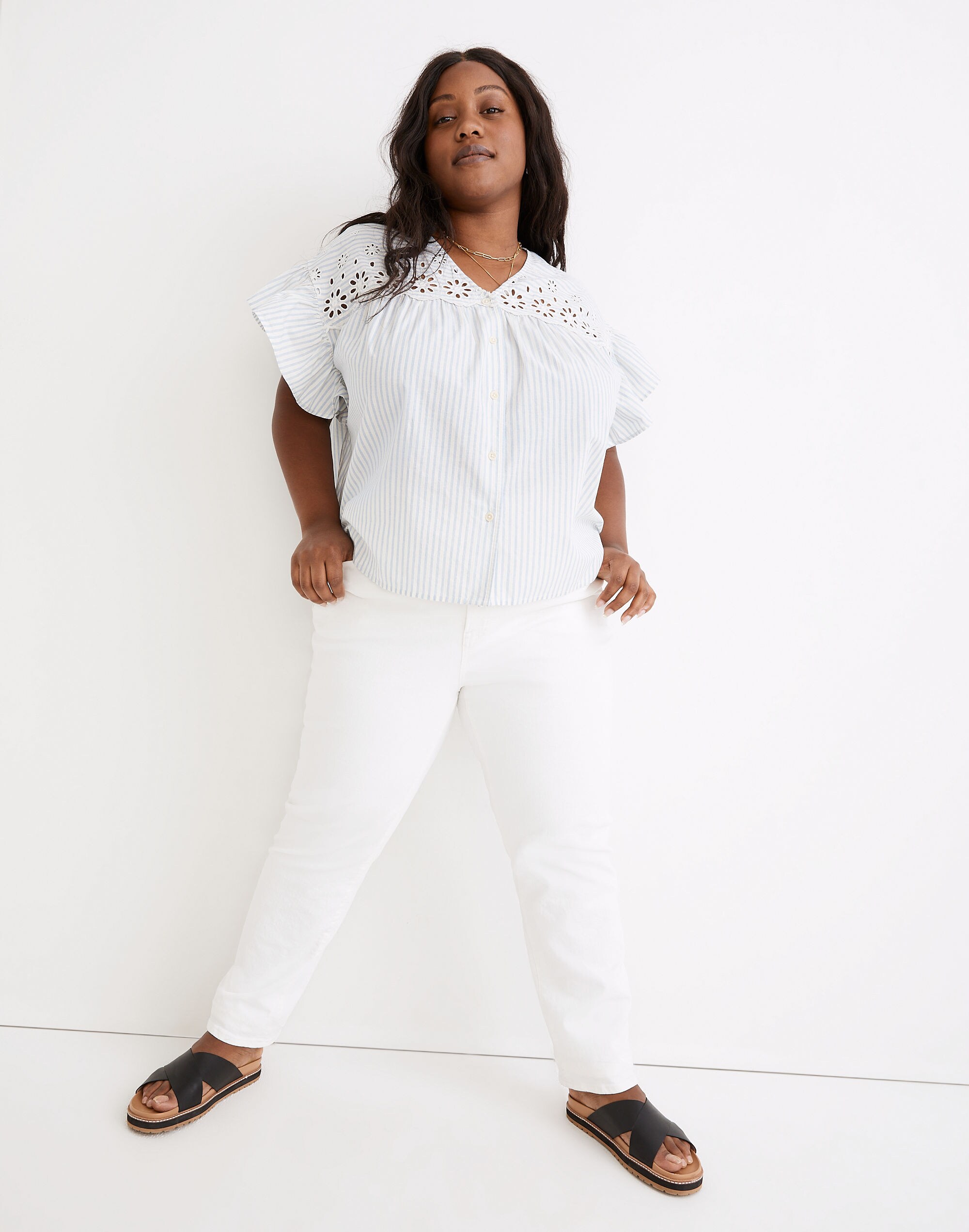 Plus Eyelet Button-Front Shirt in Stripe