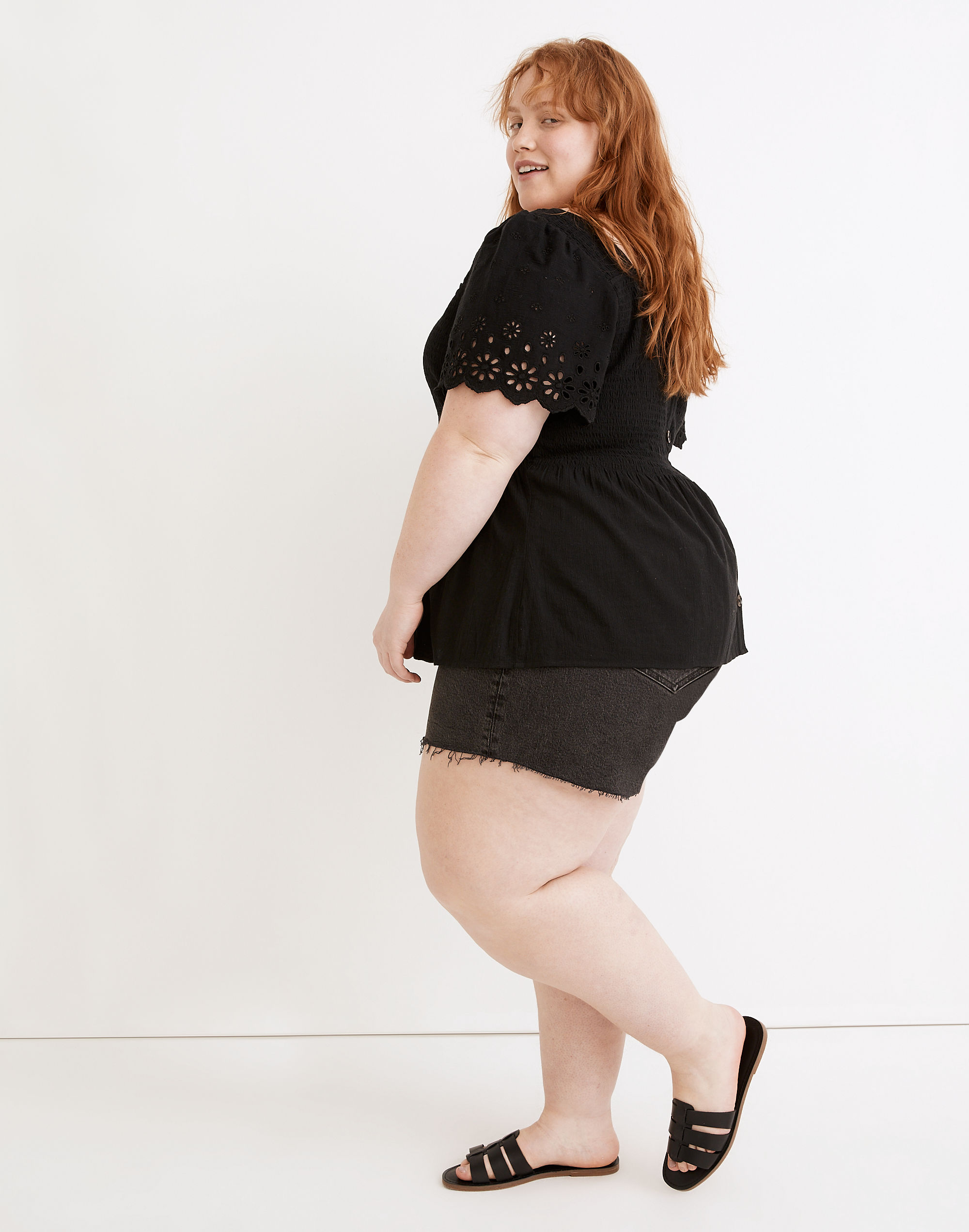 Plus Eyelet-Sleeve Lucie Smocked Peplum Top