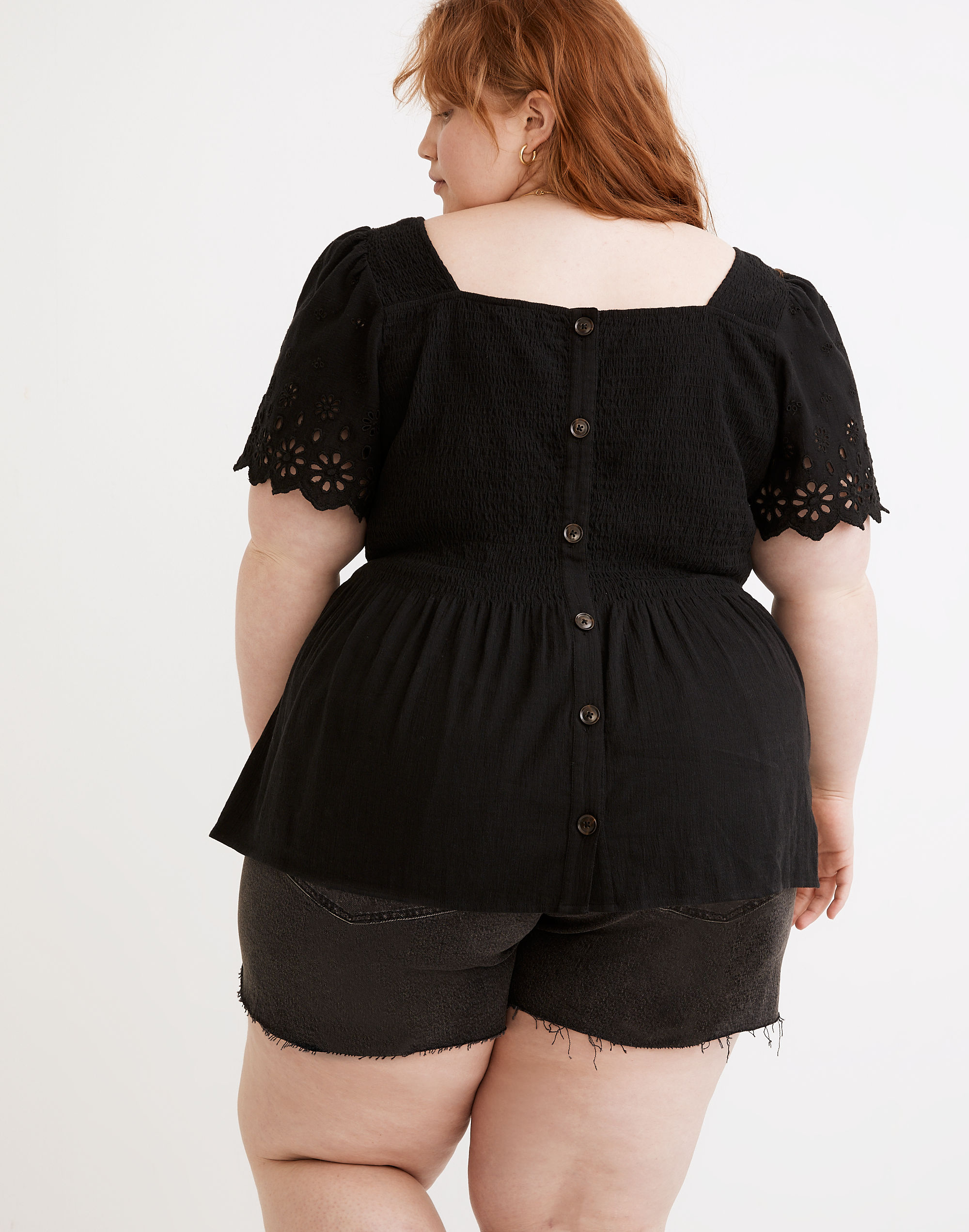 Plus Eyelet-Sleeve Lucie Smocked Peplum Top