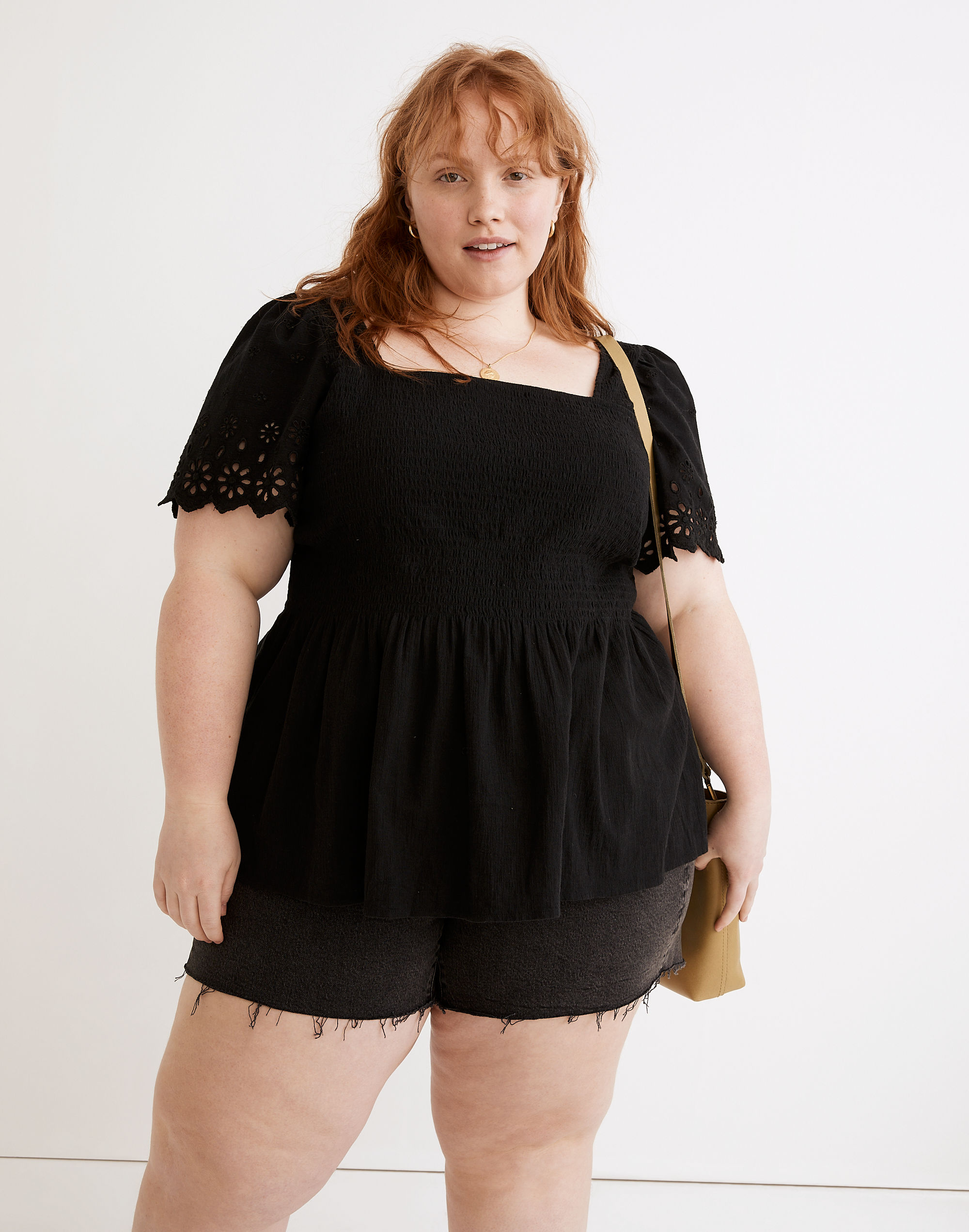 Plus Eyelet-Sleeve Lucie Smocked Peplum Top