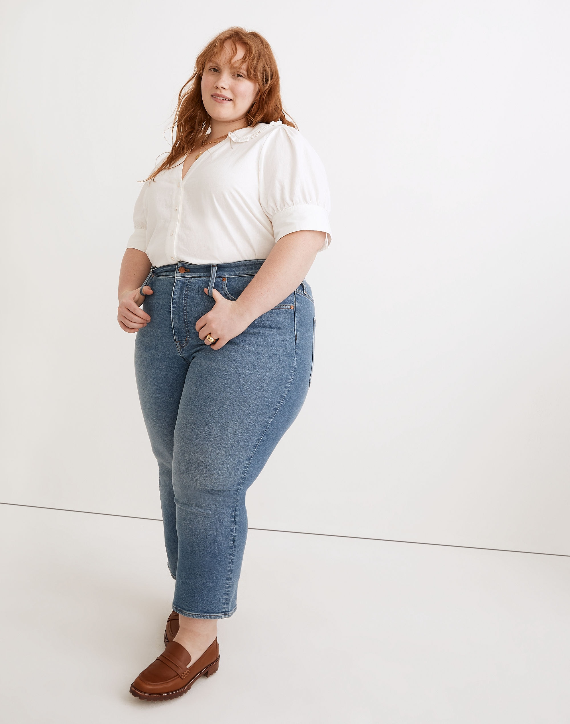plus linen-blend peter pan collar shirt