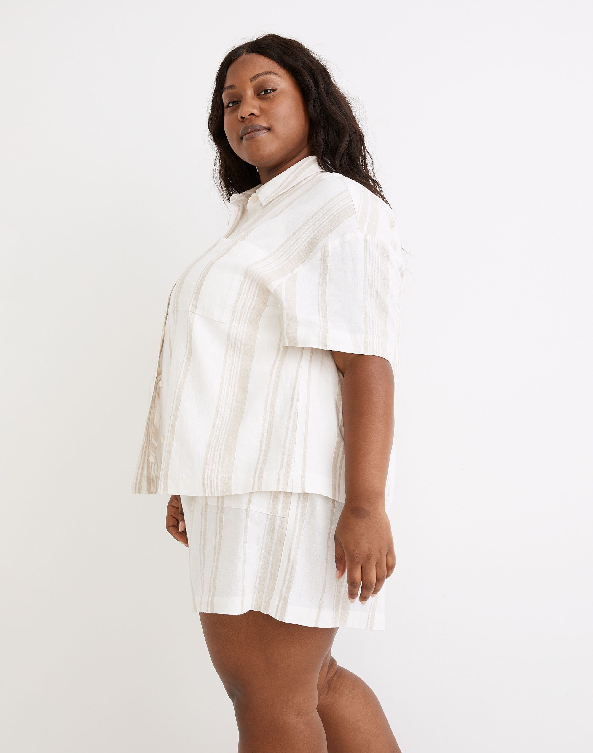 Plus Linen-Blend Short-Sleeve Safari Shirt: Undyed Edition