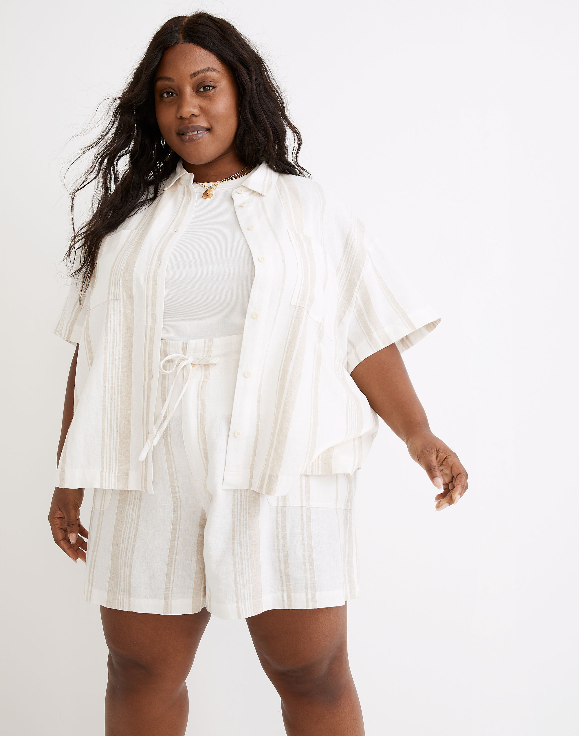 Plus Linen-Blend Short-Sleeve Safari Shirt: Undyed Edition