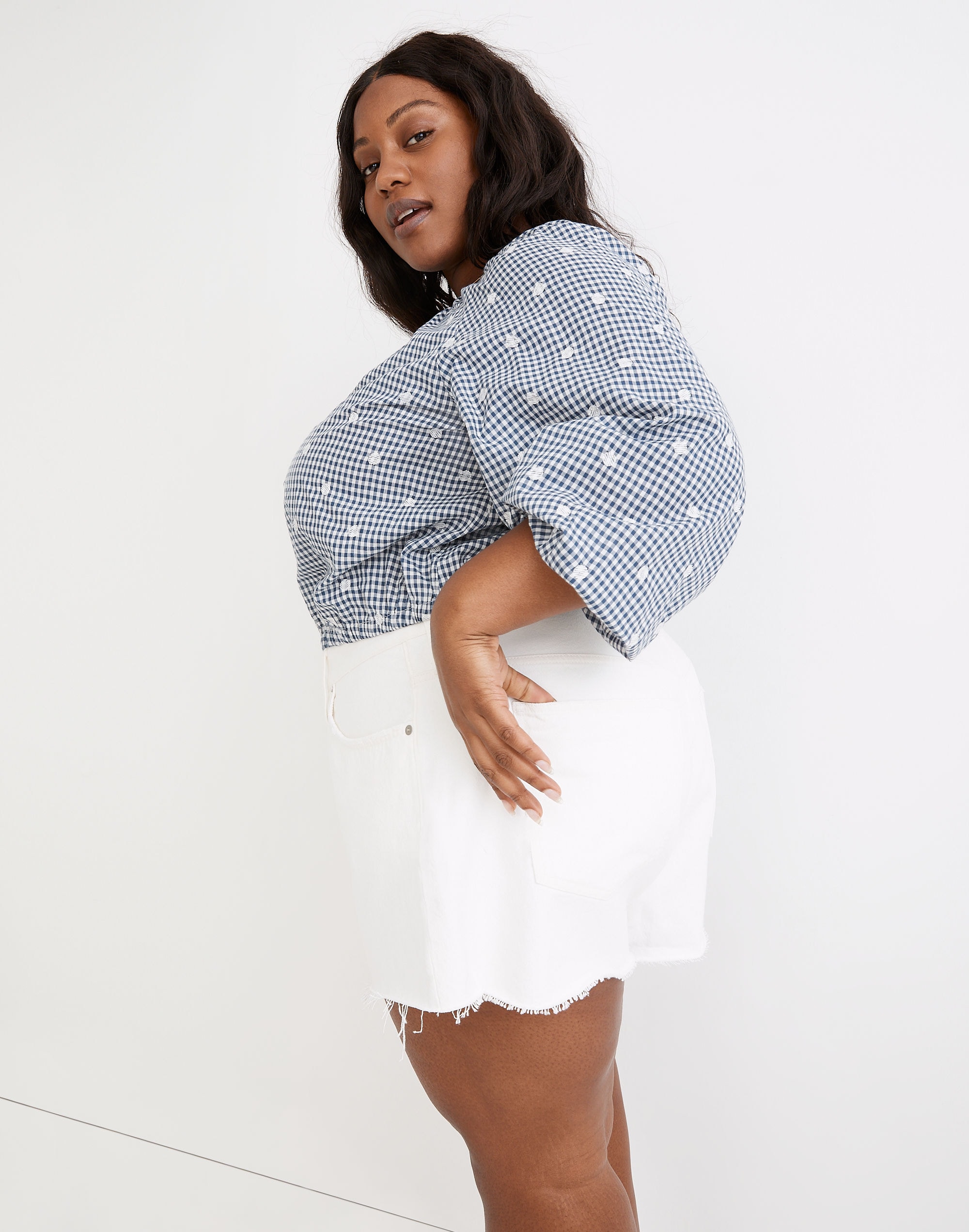 Plus Embroidered Button-Back Shirt in Gingham Check