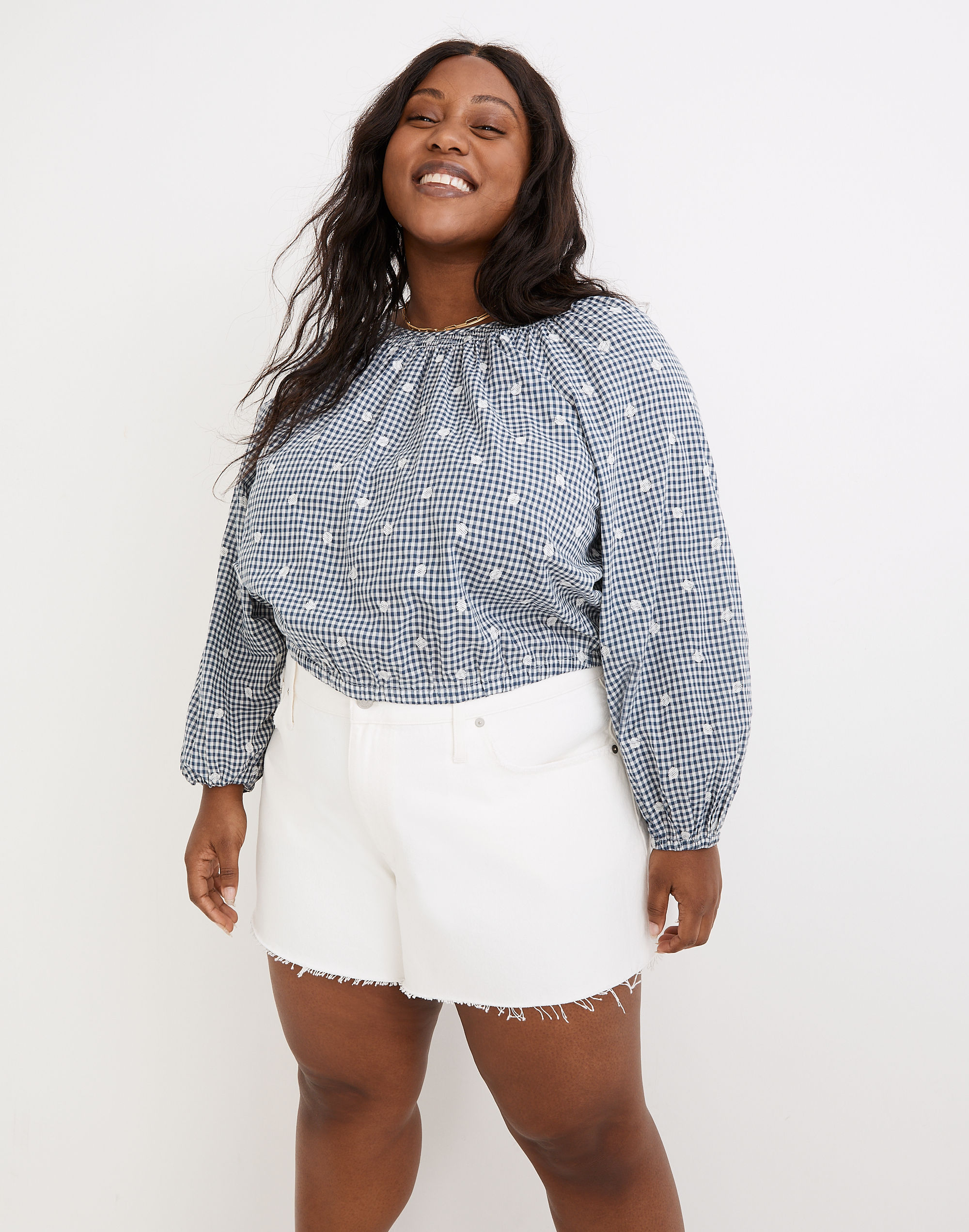 Plus Embroidered Button-Back Shirt in Gingham Check