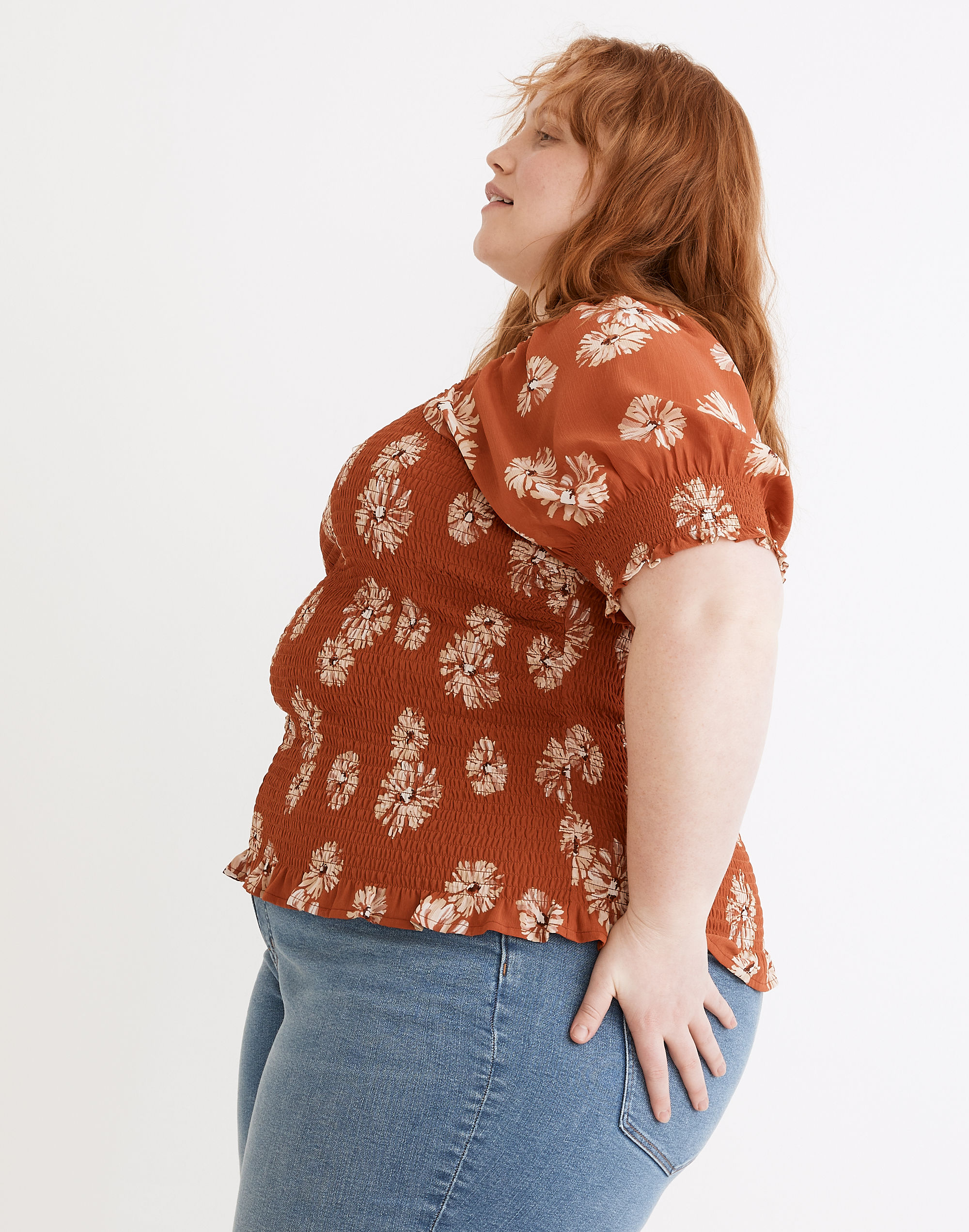 Plus (Re)sourced Georgette Lucie Puff-Sleeve Smocked Bodice Top in Moody Blooms