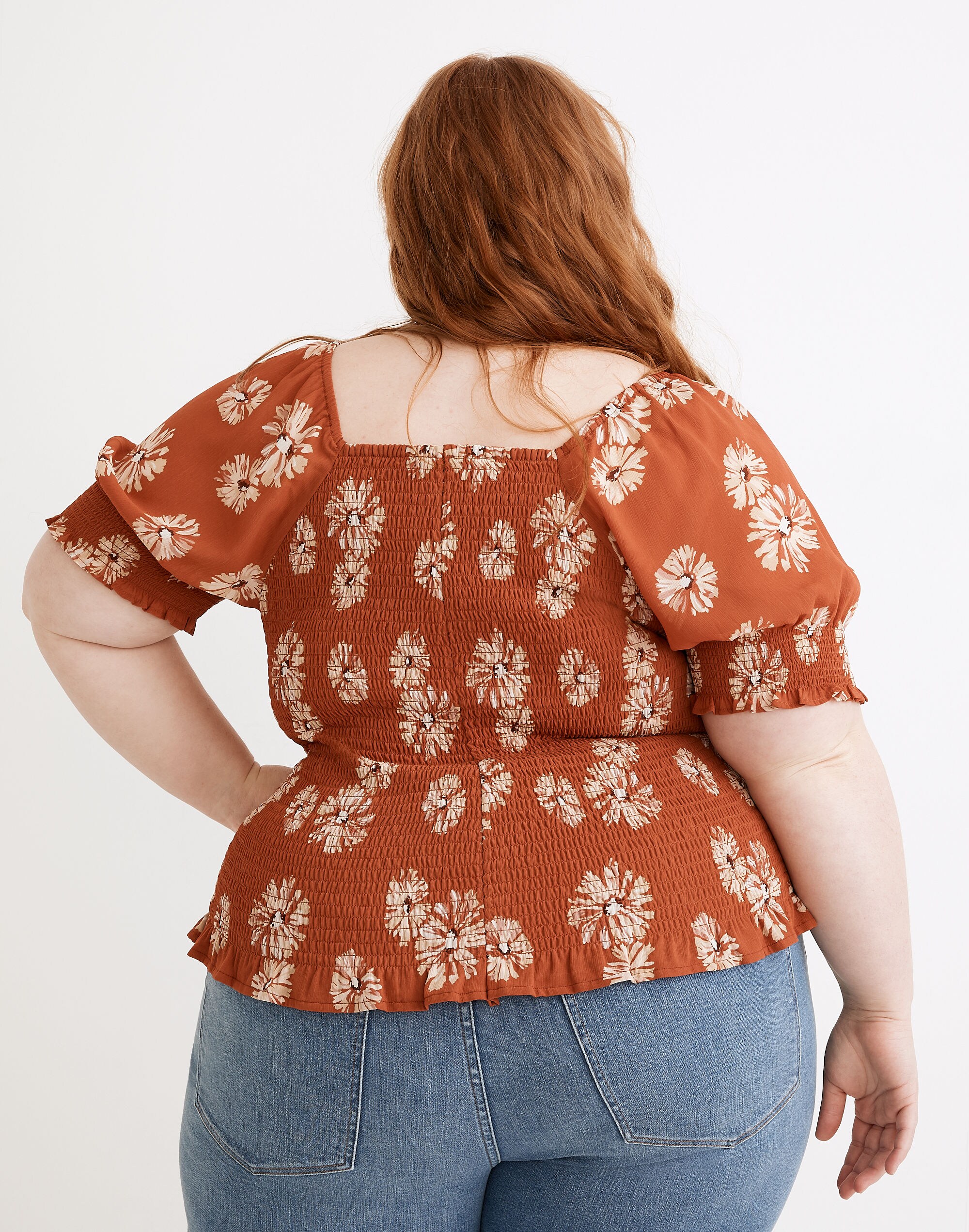 Plus (Re)sourced Georgette Lucie Puff-Sleeve Smocked Bodice Top in Moody Blooms