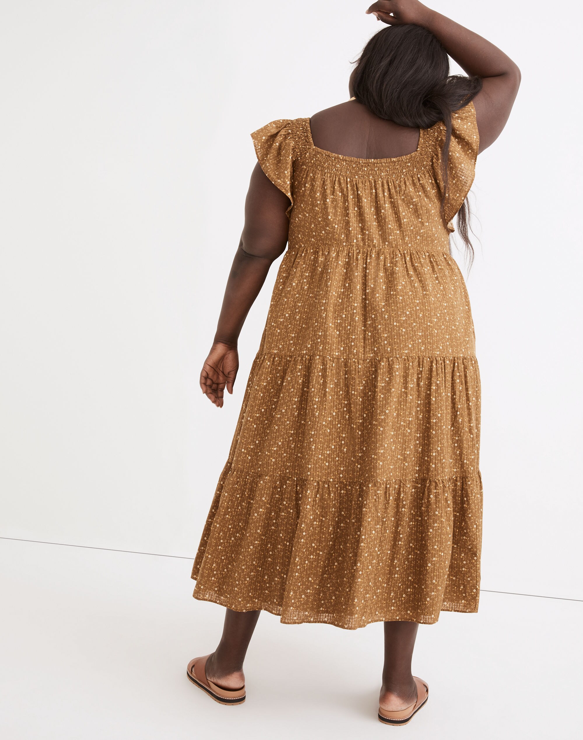 Plus Ruffle-Sleeve Tiered Midi Dress in Daisy Stitch