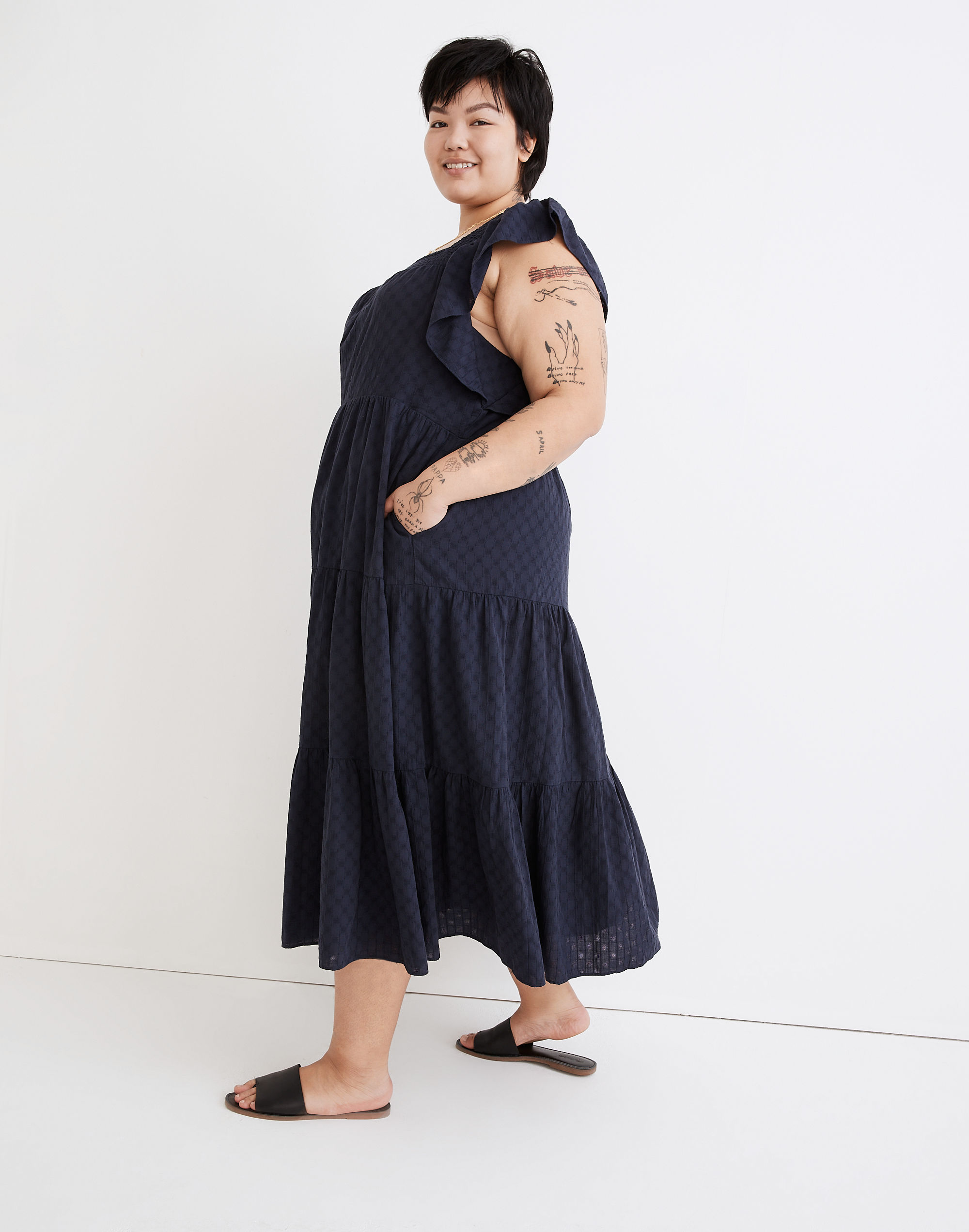 plus ruffle-sleeve tiered midi dress in textured check
