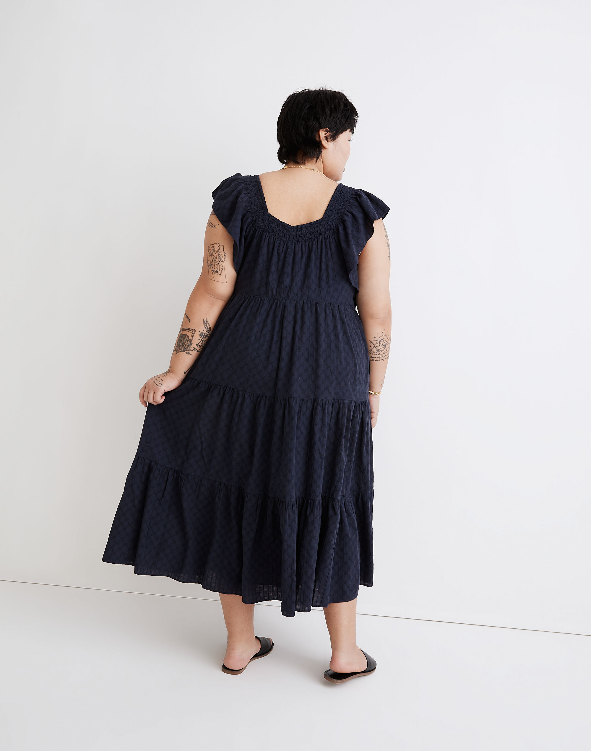 Plus Ruffle-Sleeve Tiered Midi Dress in Textured Check