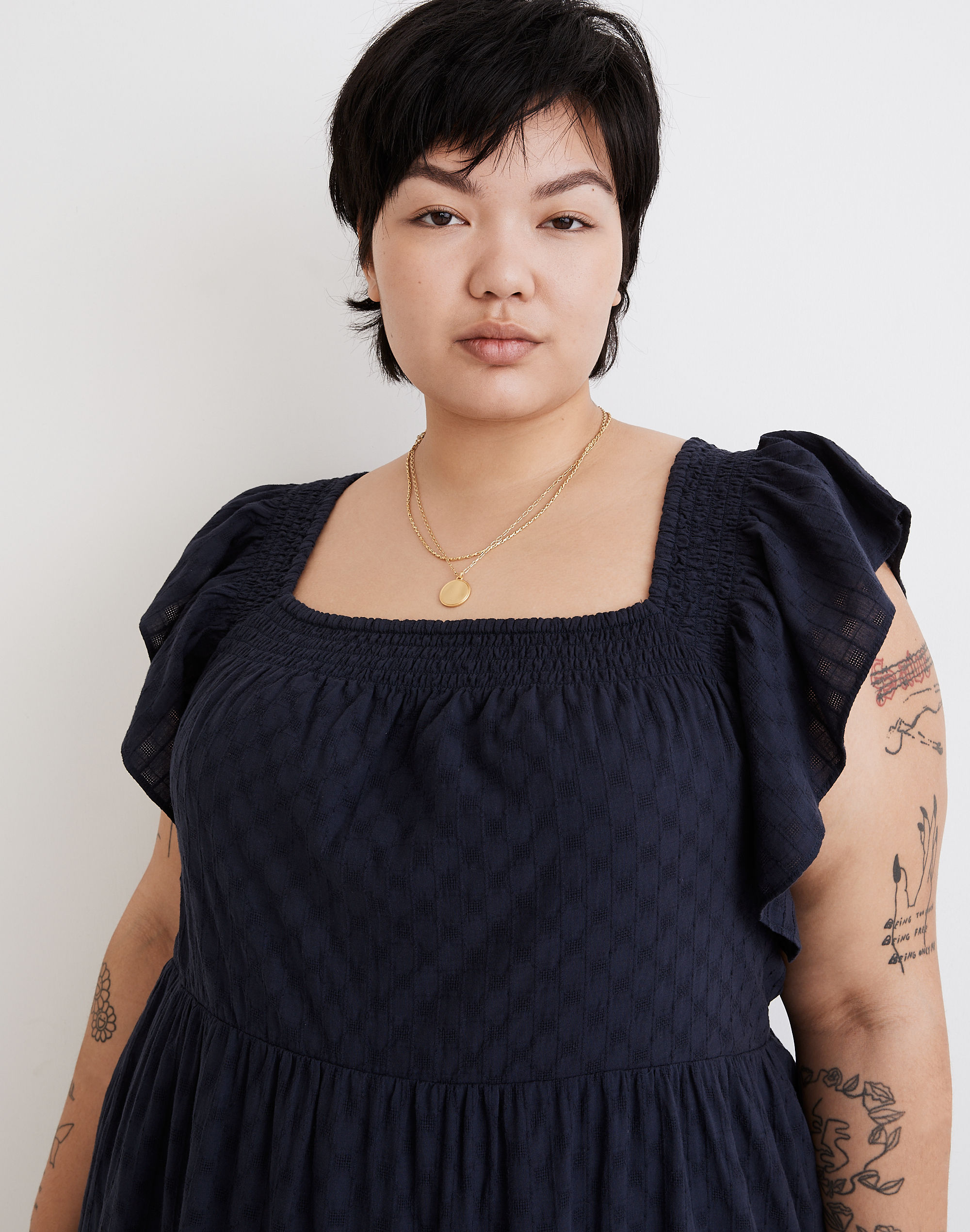 Plus Ruffle-Sleeve Tiered Midi Dress in Textured Check