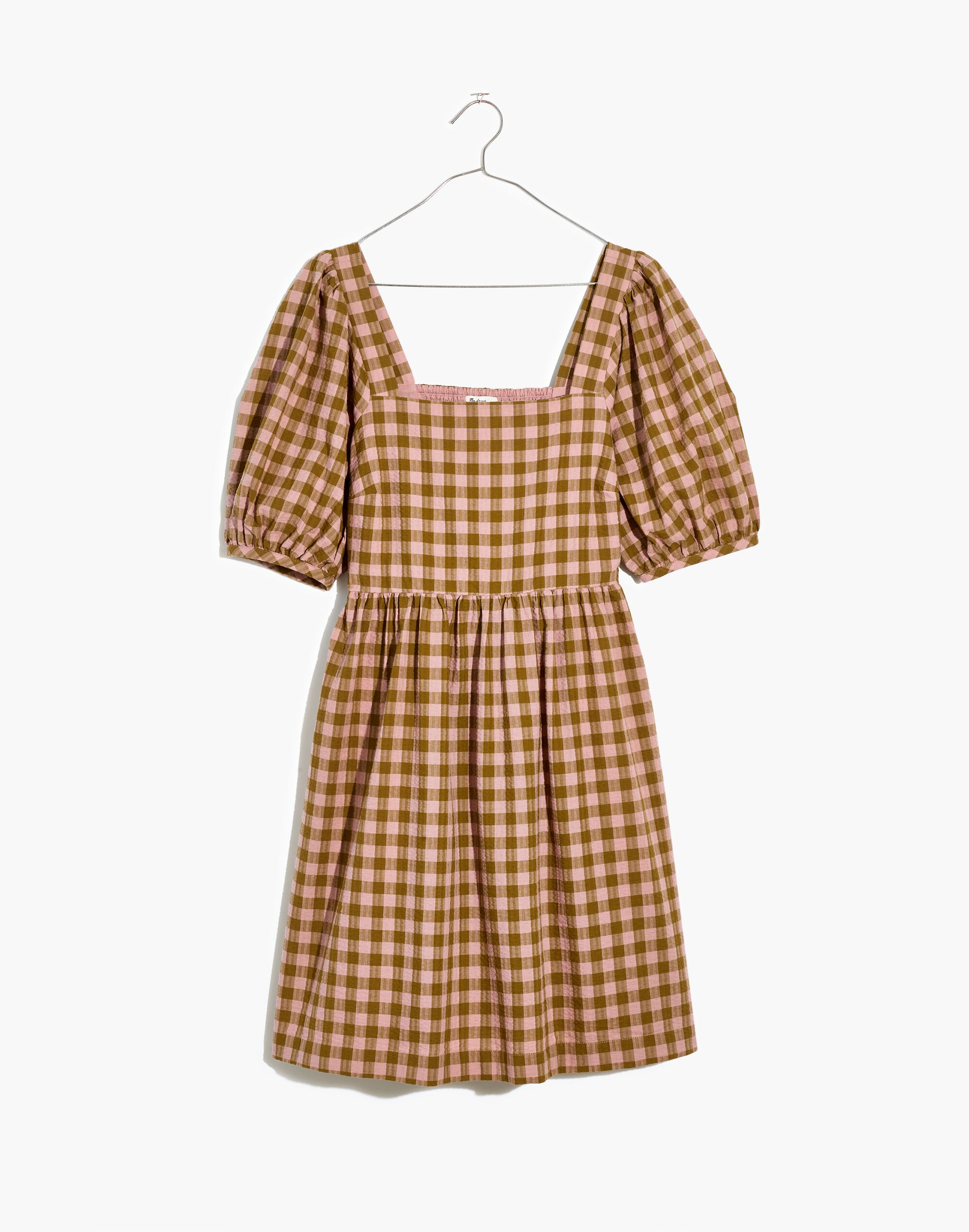Plus Square-Neck Puff-Sleeve Dress in Gingham Seersucker