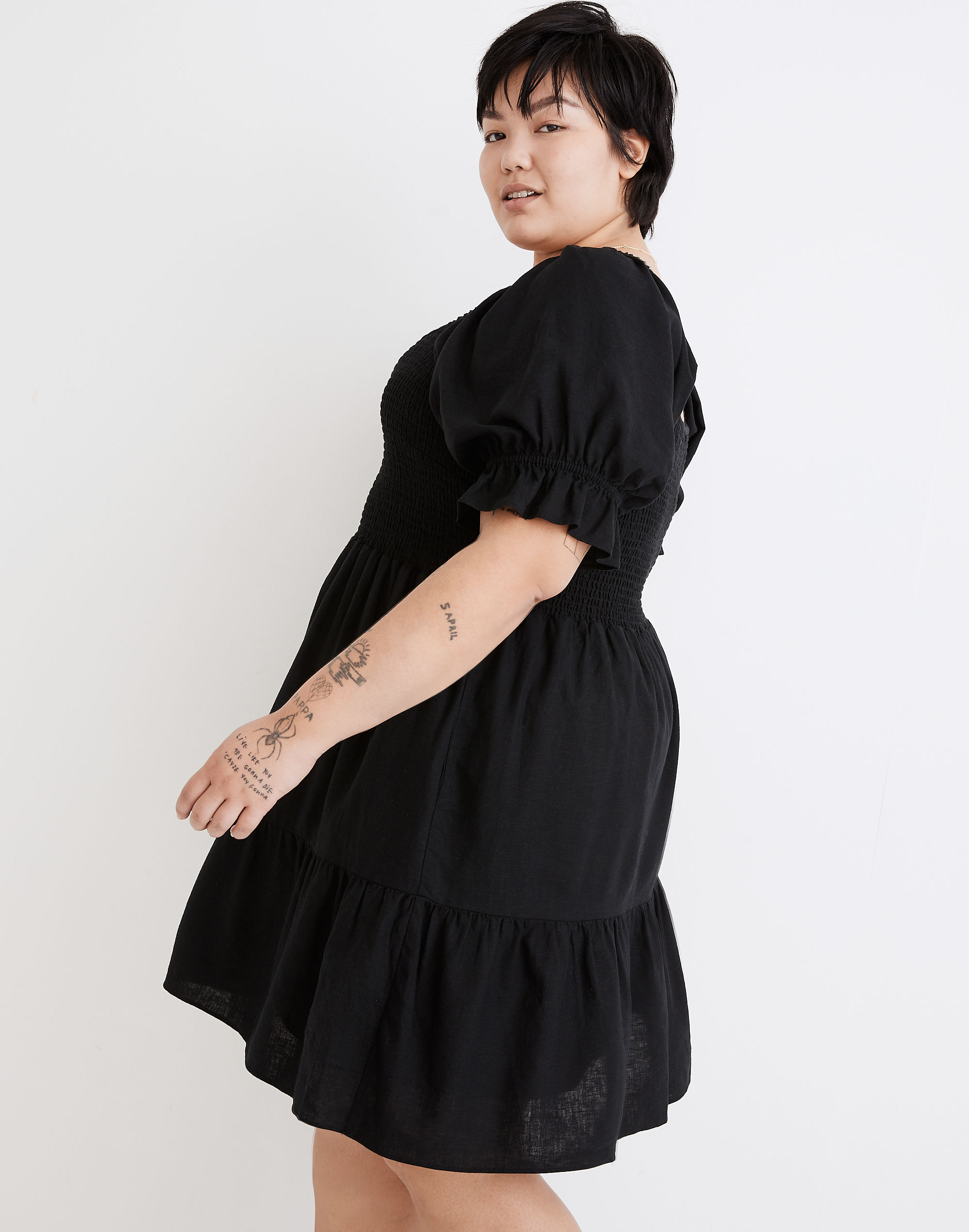 Plus Linen-Blend Lucie Smocked Mini Dress