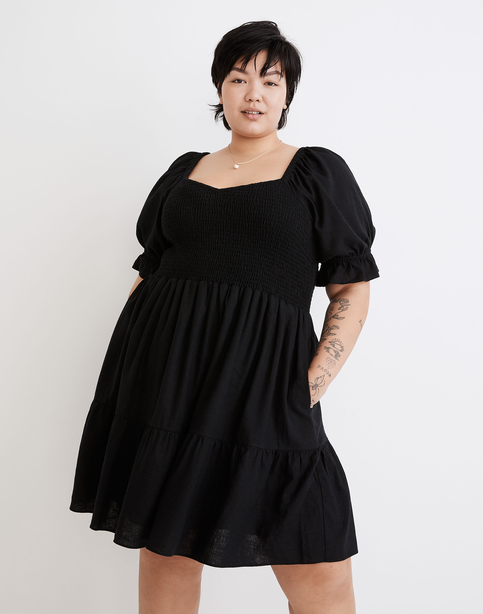 Plus Linen-Blend Lucie Smocked Mini Dress