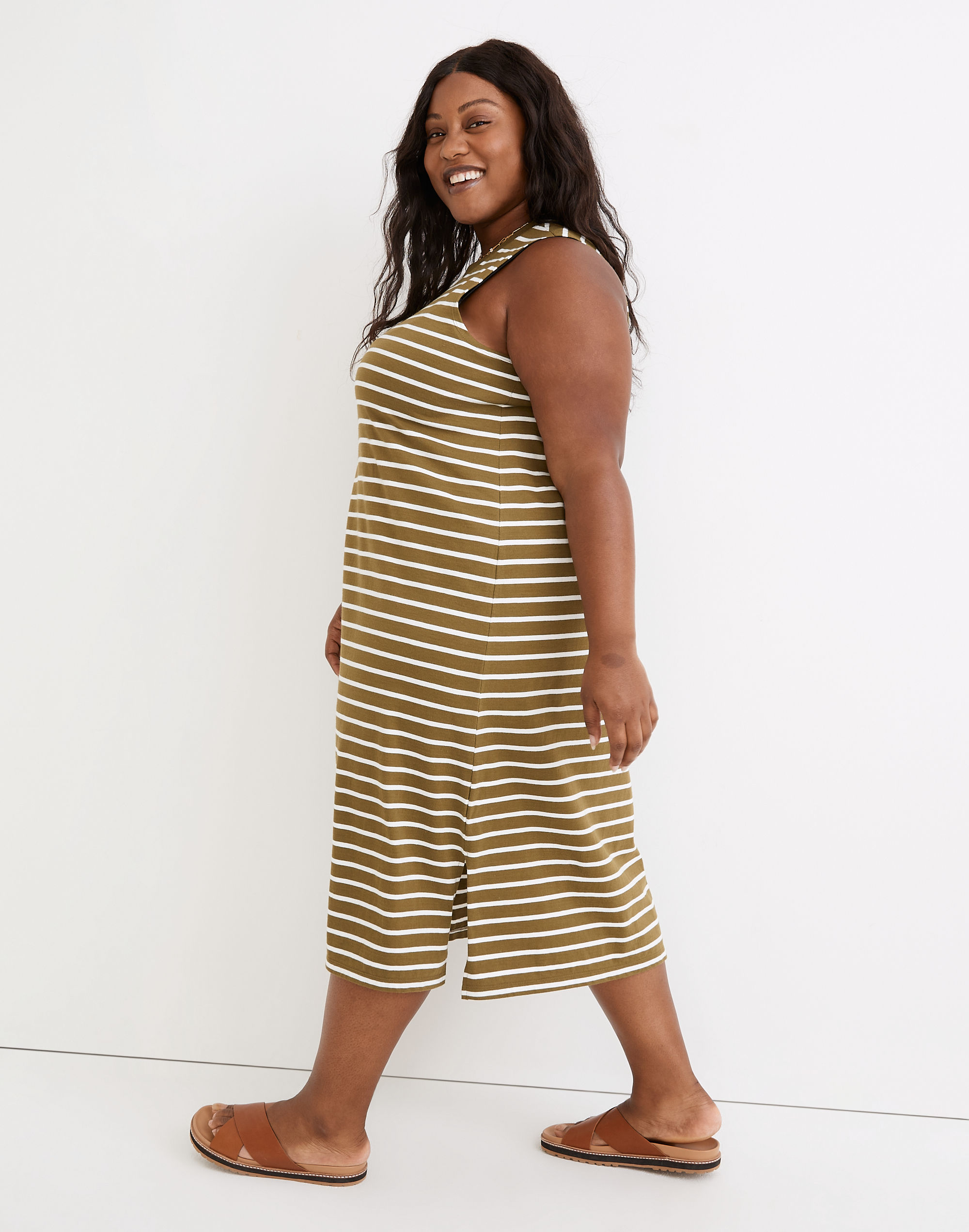 Plus Organic Cotton Crewneck Tank Midi Dress in Stripe