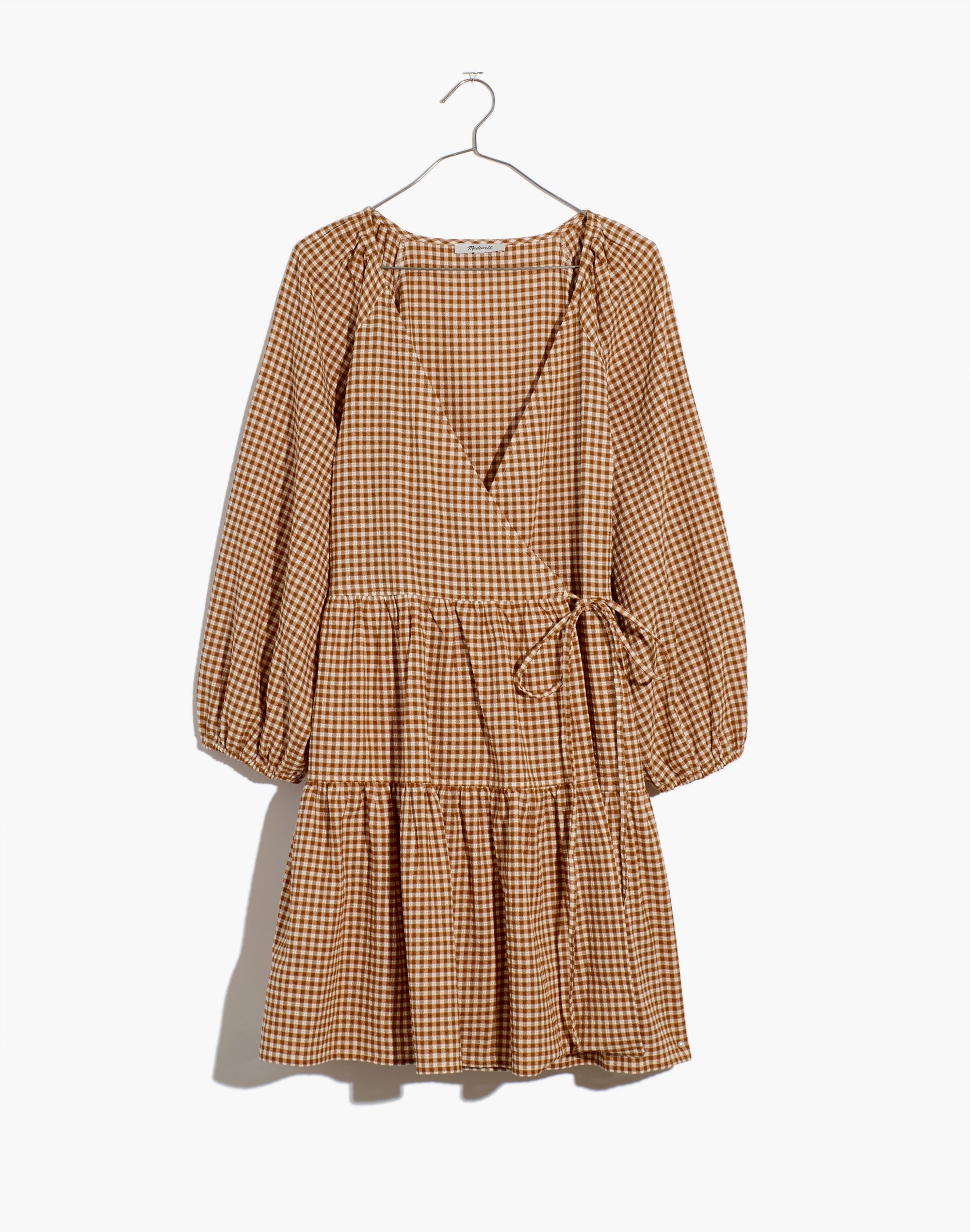 plus gingham puff-sleeve wrap dress