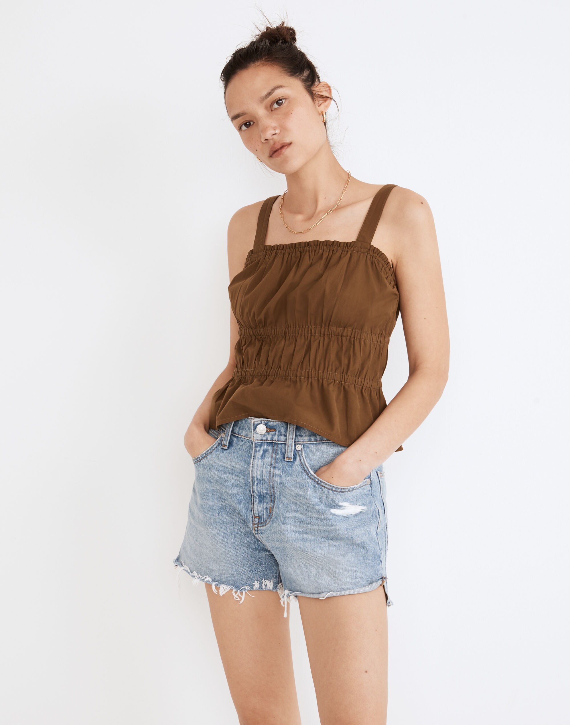 Relaxed Denim Shorts in Madera Wash: Side-Slit Edition