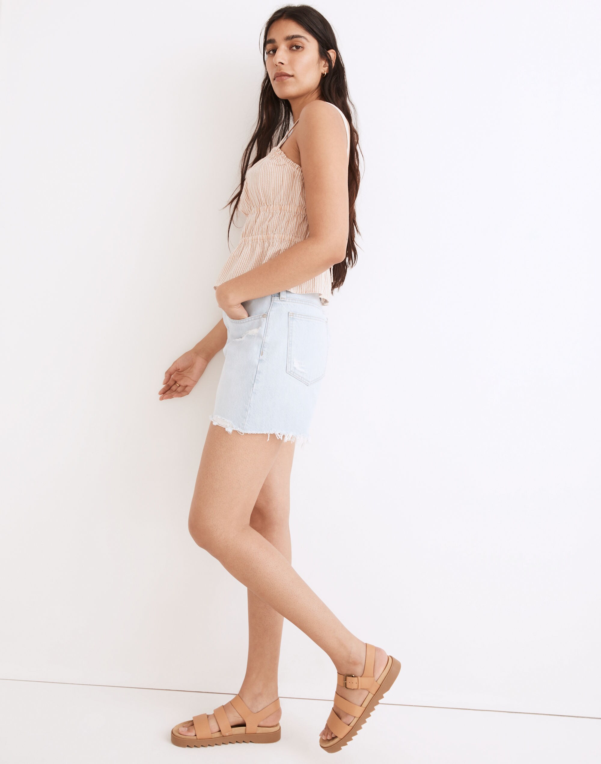 Relaxed Mid-Length Denim Shorts in Arnham Wash: Destructed Edition
