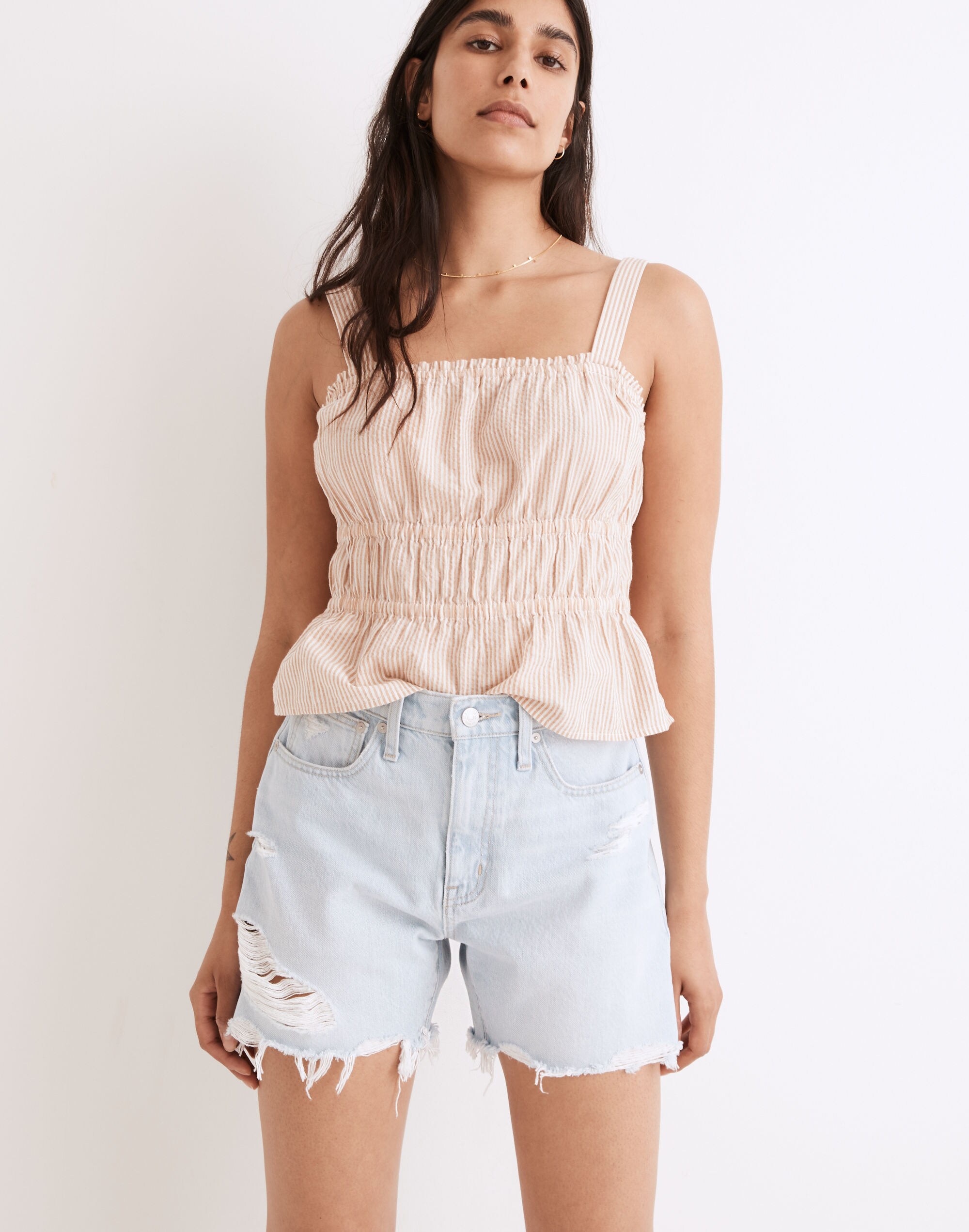Relaxed Mid-Length Denim Shorts in Arnham Wash: Destructed Edition