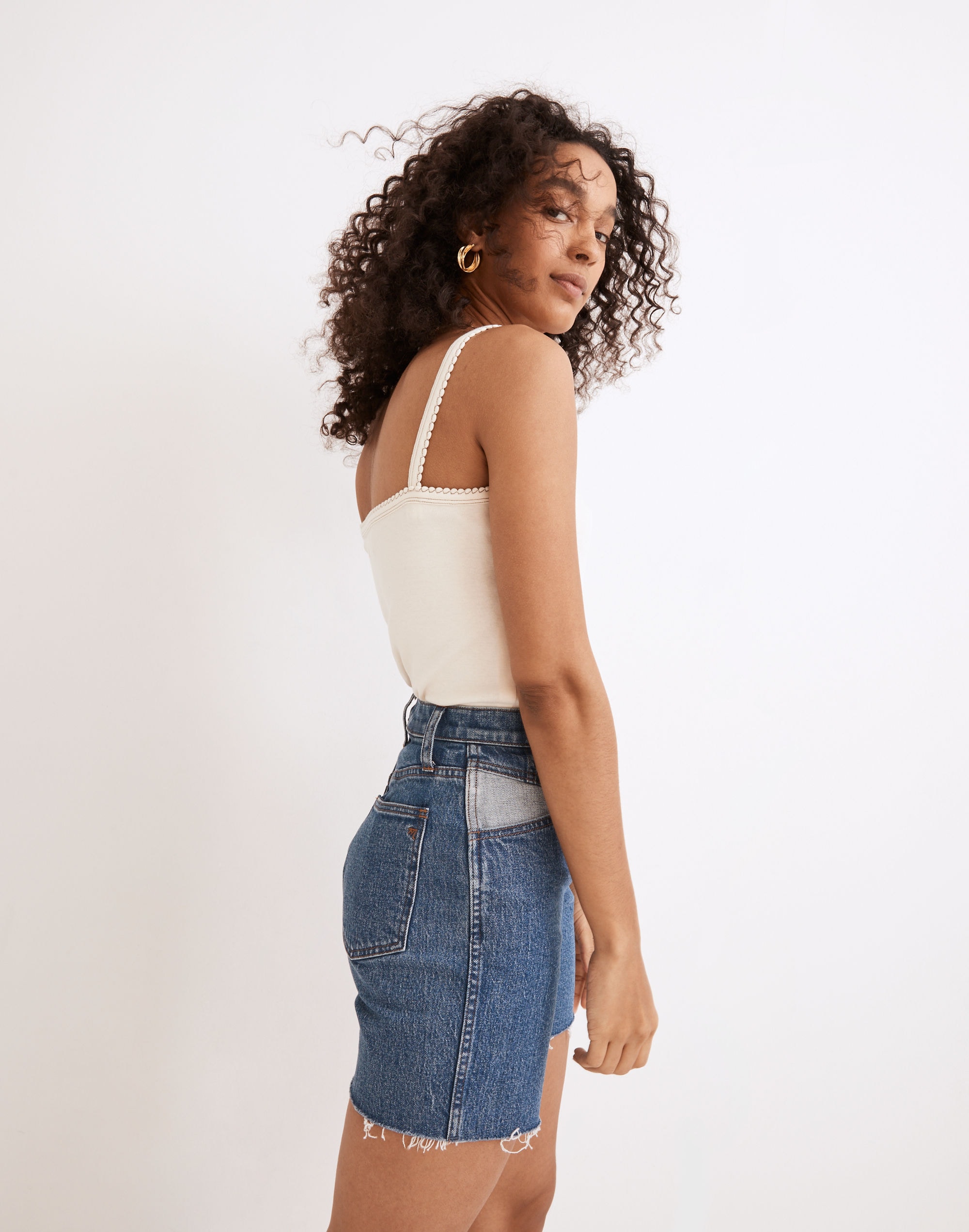 High-Rise Long Denim Shorts: Contrast Yoke Edition