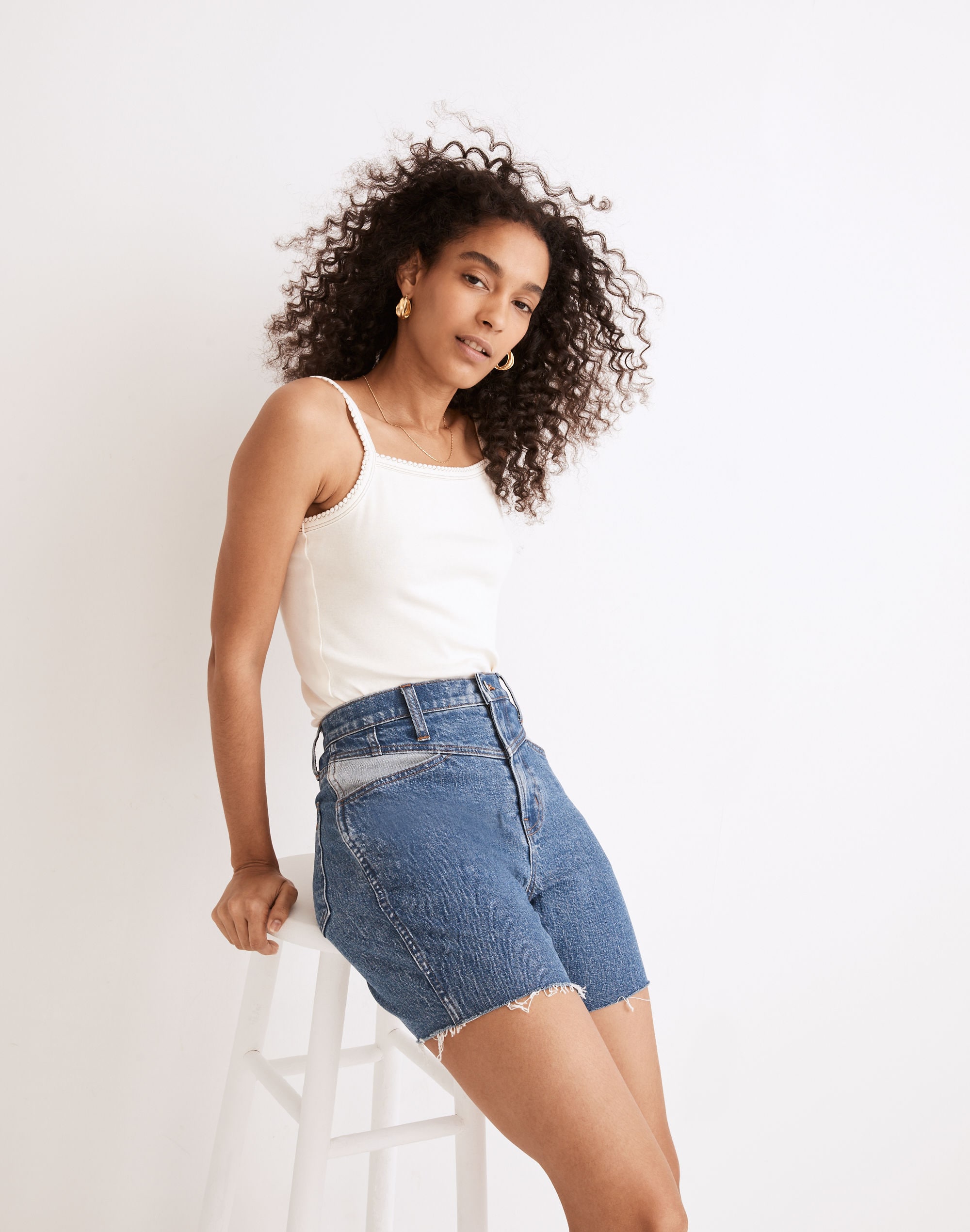 High-Rise Long Denim Shorts: Contrast Yoke Edition