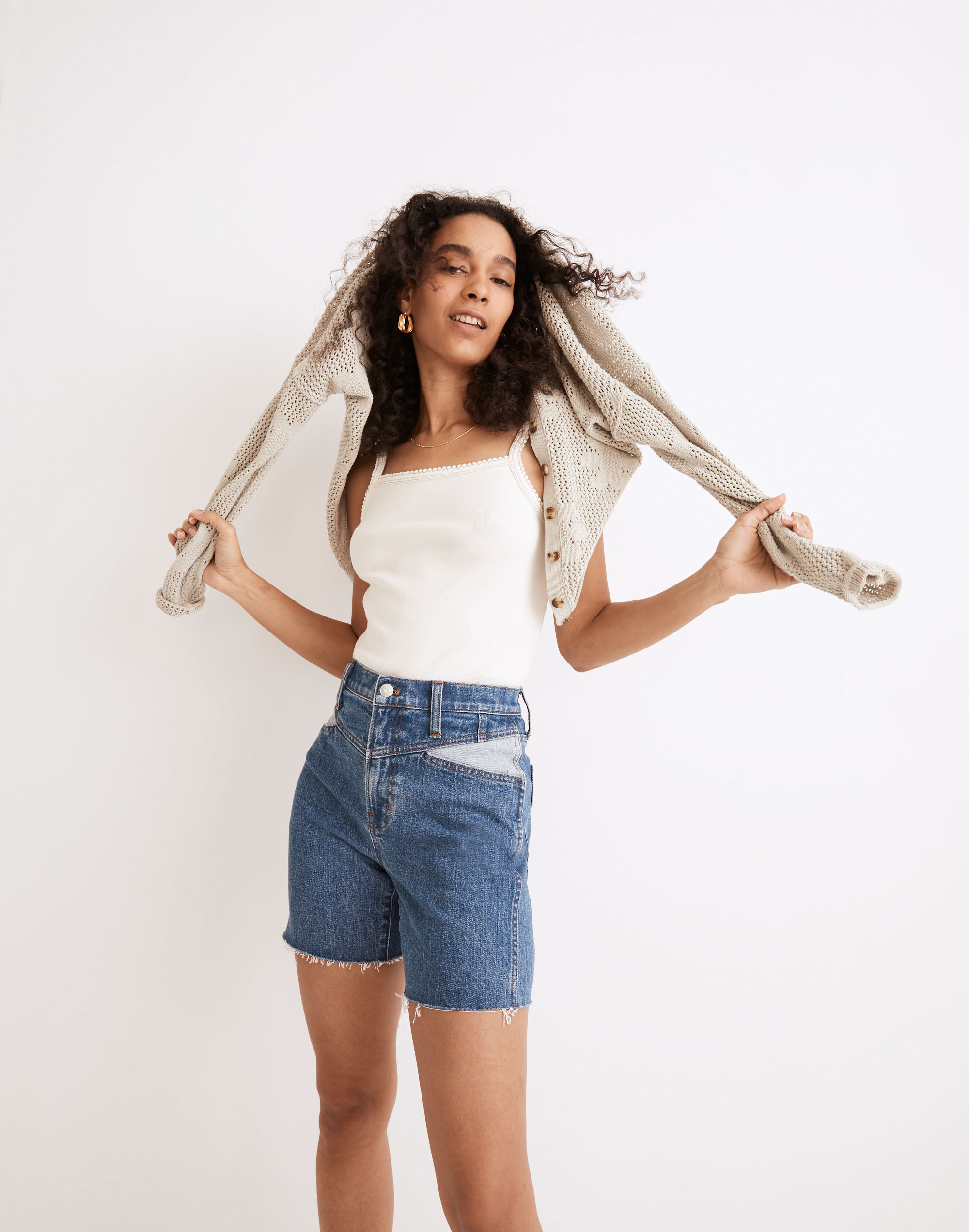 High-Rise Long Denim Shorts: Contrast Yoke Edition