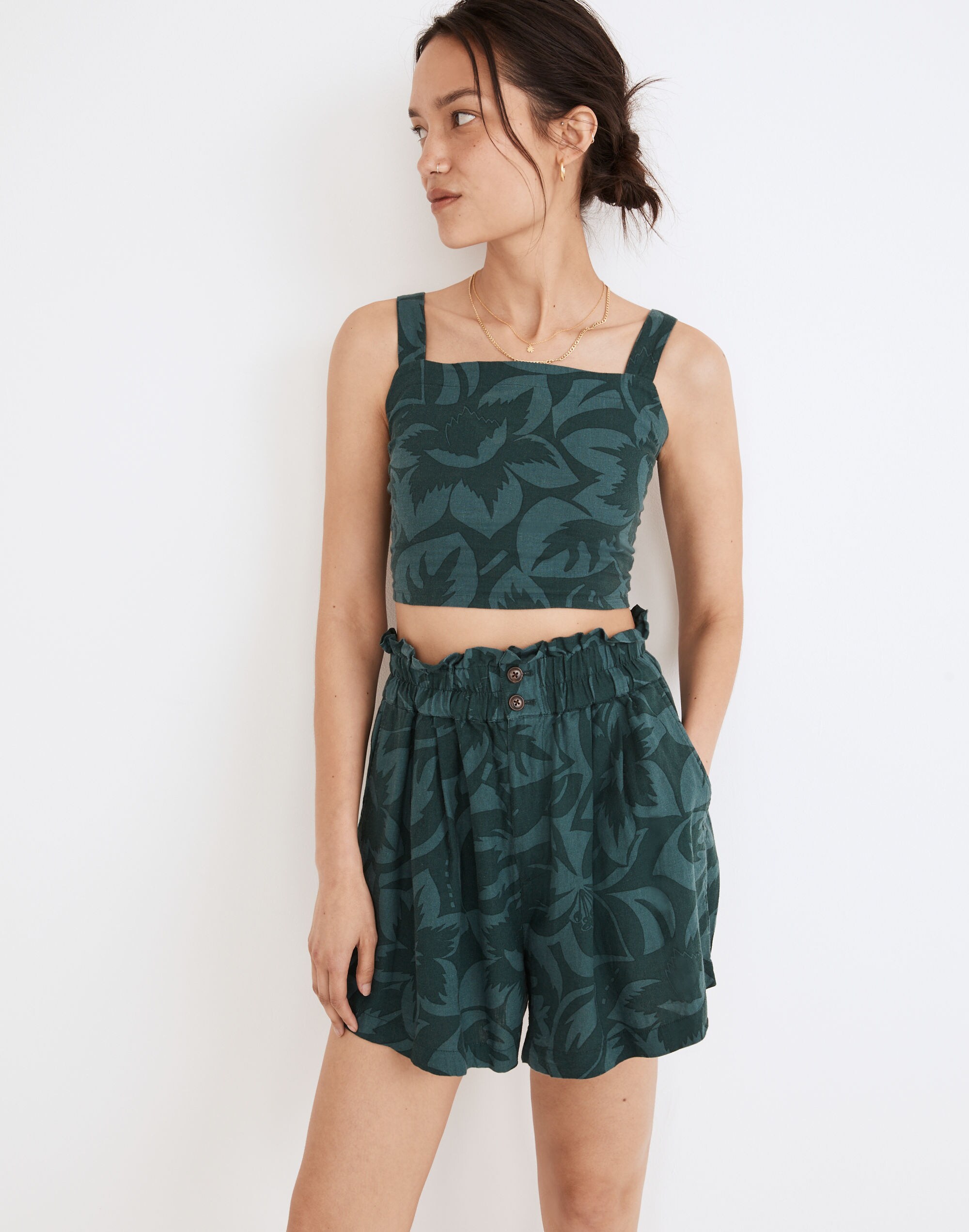 Linen-Blend Pull-On Paperbag Shorts in Tropicale Floral