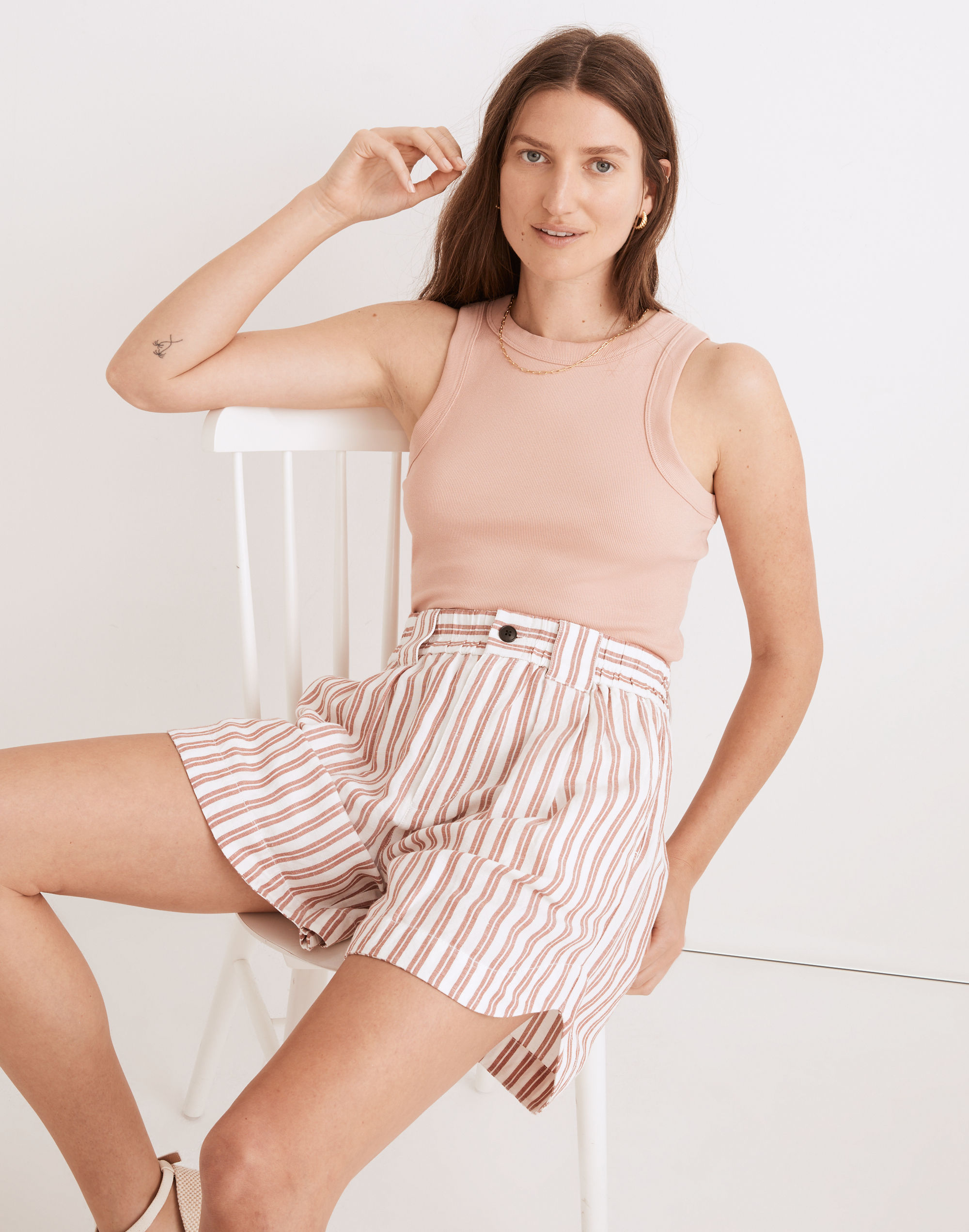 Linen-Blend Curved-Hem Shorts in Stripe