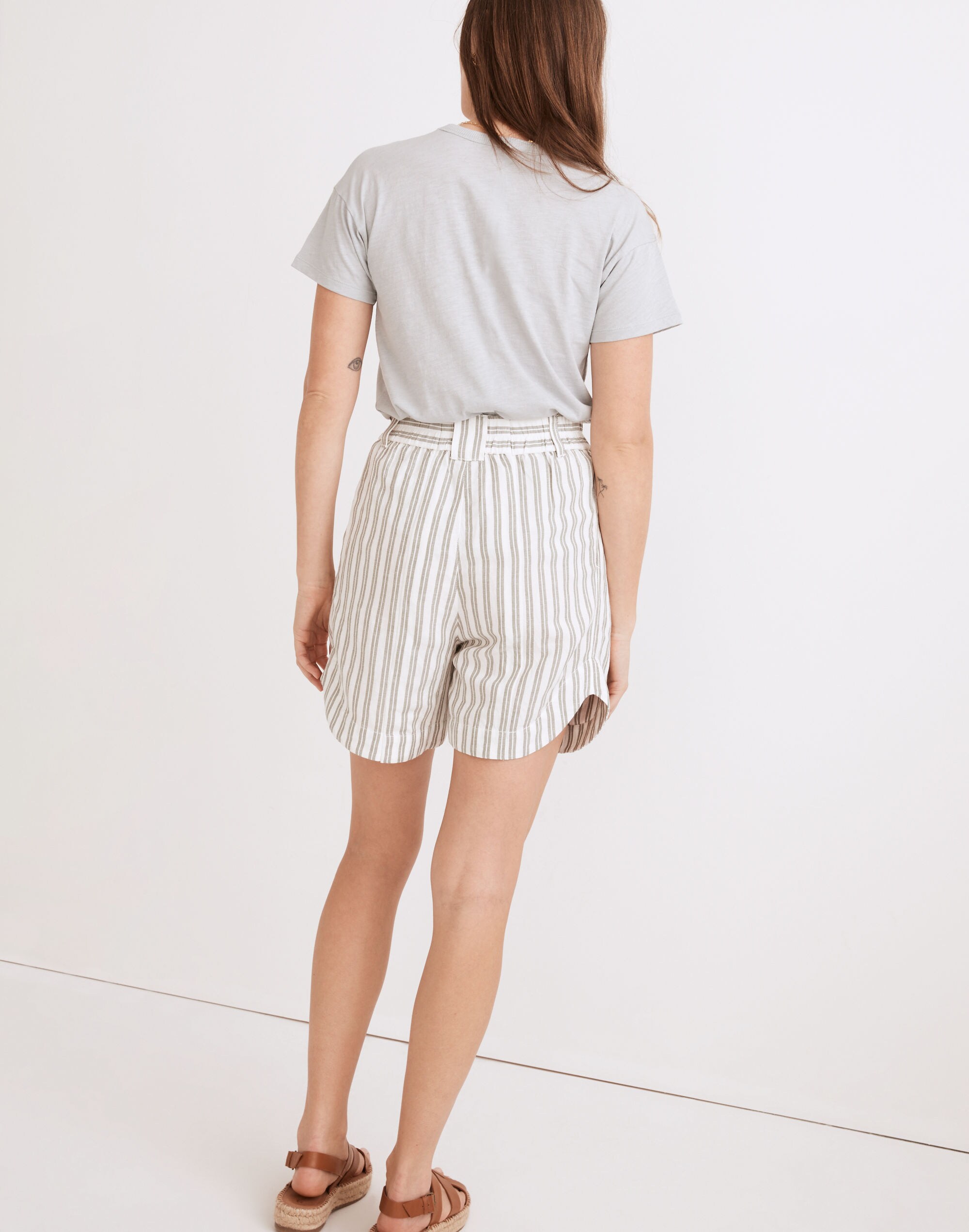 Linen-Blend Curved-Hem Shorts in Stripe