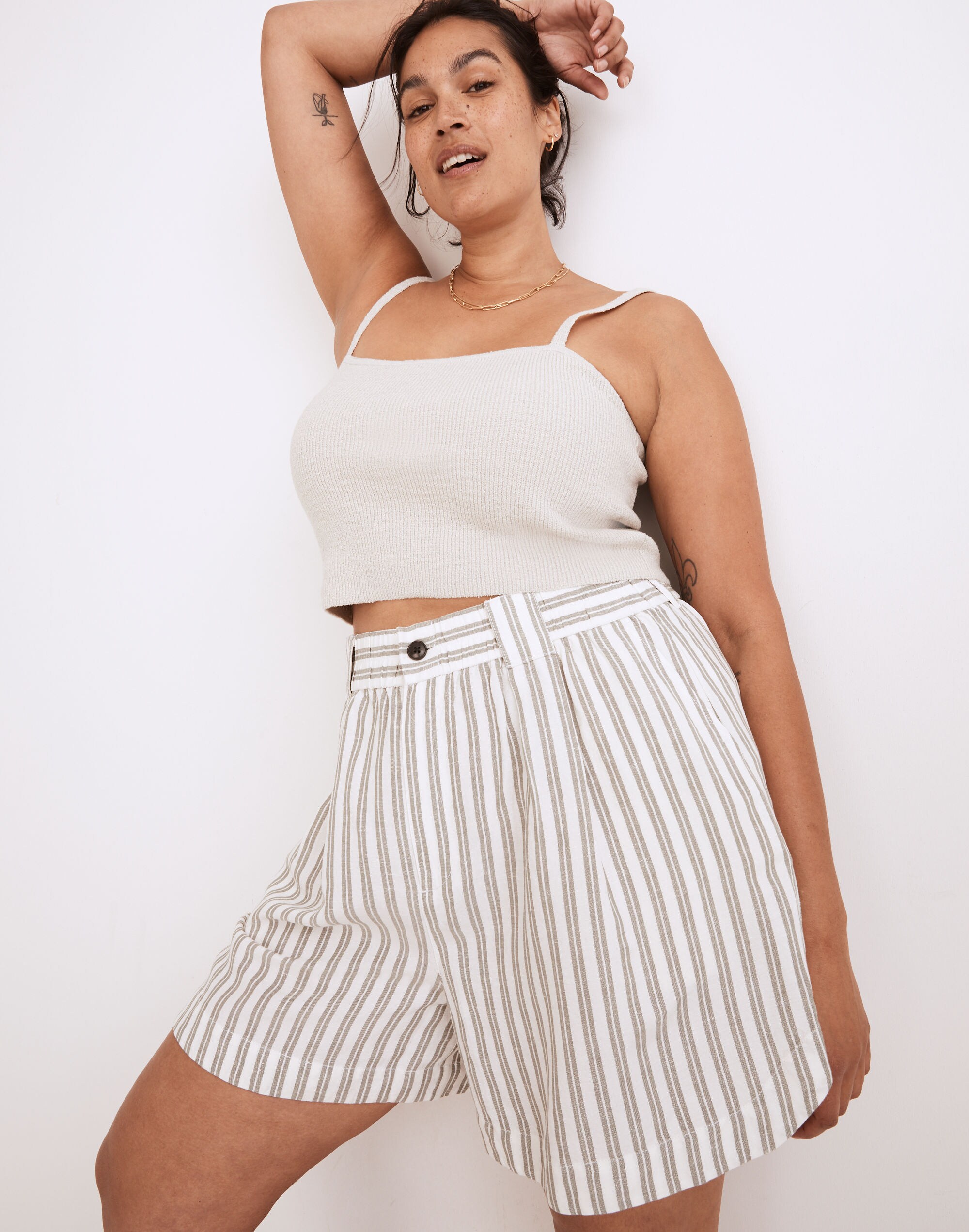 Linen-Blend Curved-Hem Shorts in Stripe