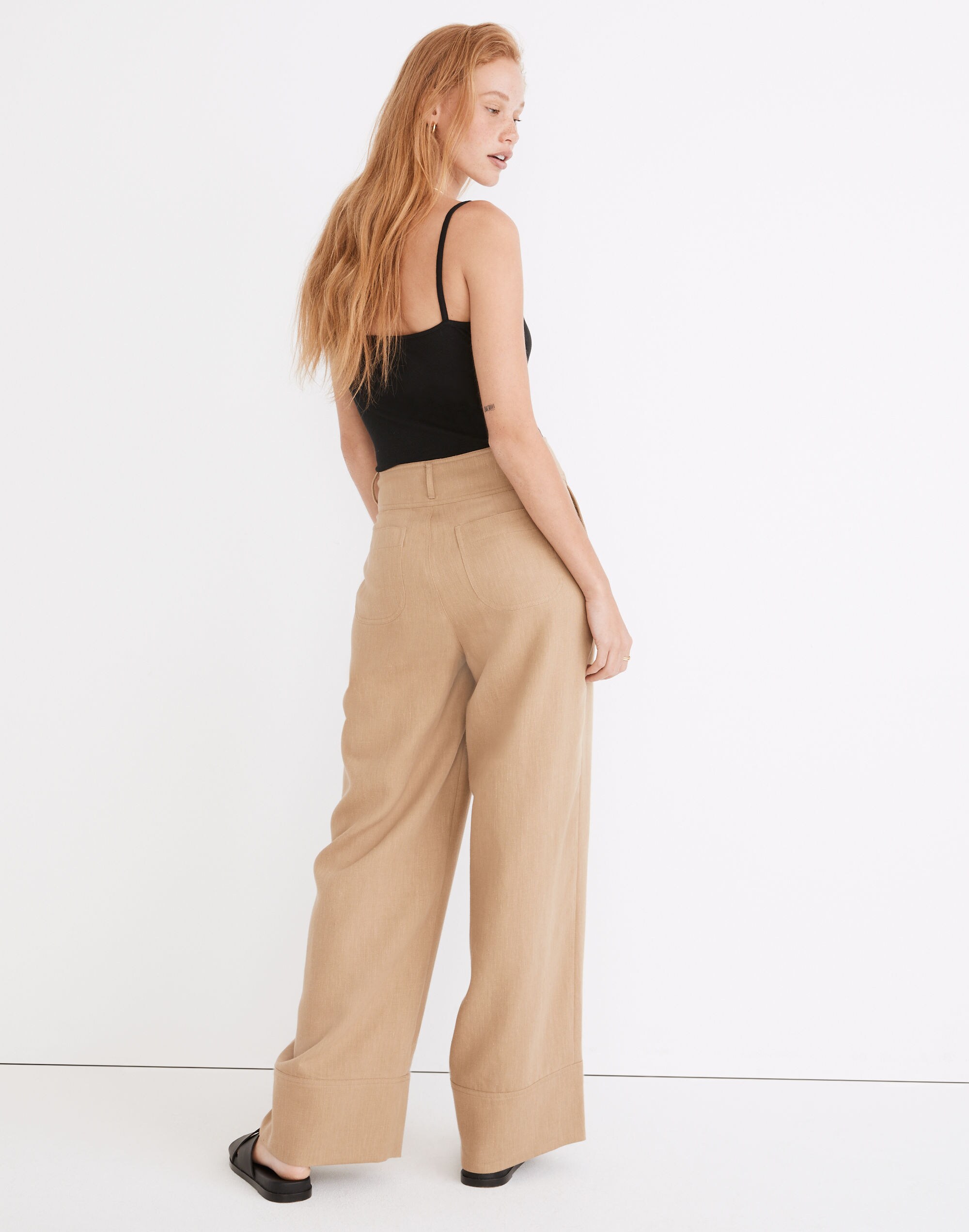 Button-Front Cuffed Wide-Leg Pants in Travel Linen-Blend