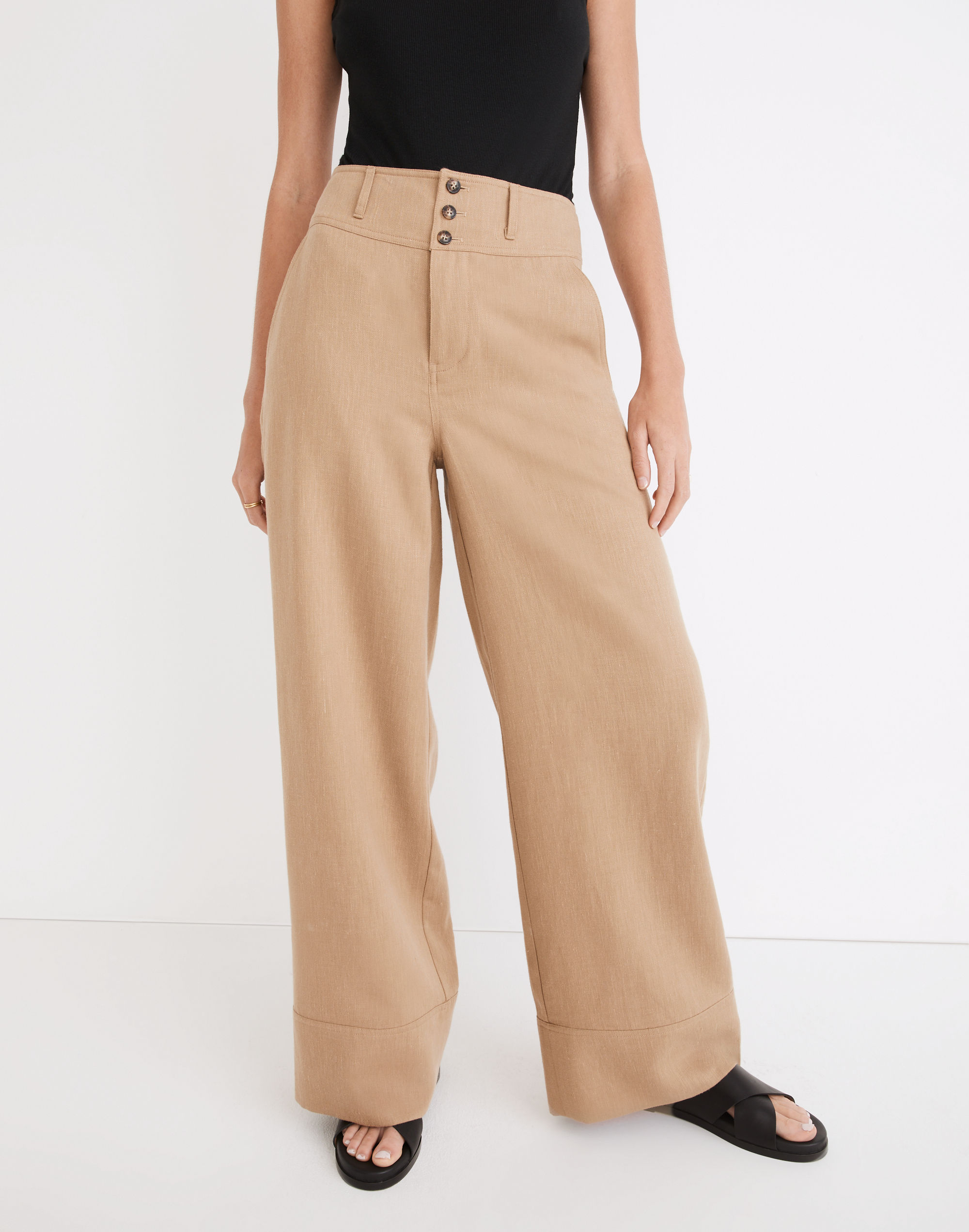 Button-Front Cuffed Wide-Leg Pants in Travel Linen-Blend