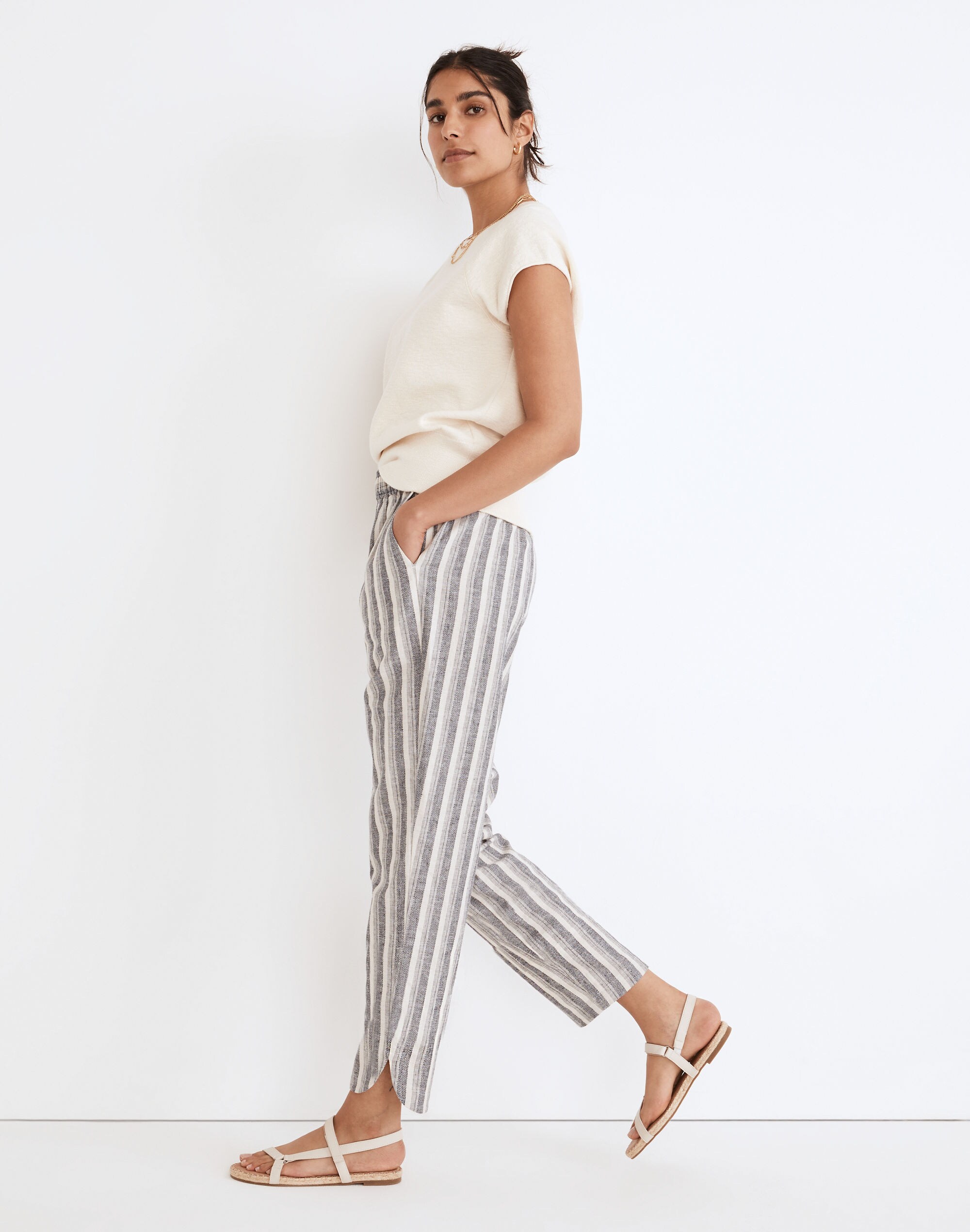 Linen-Cotton Pull-On High-Rise Tapered Pants in Stripe
