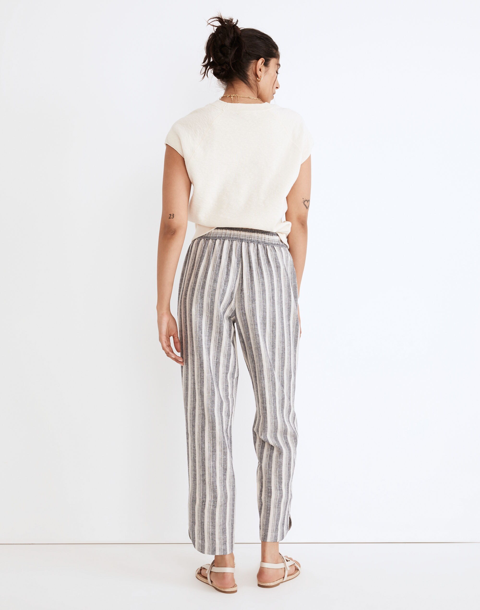Linen-Cotton Pull-On High-Rise Tapered Pants in Stripe